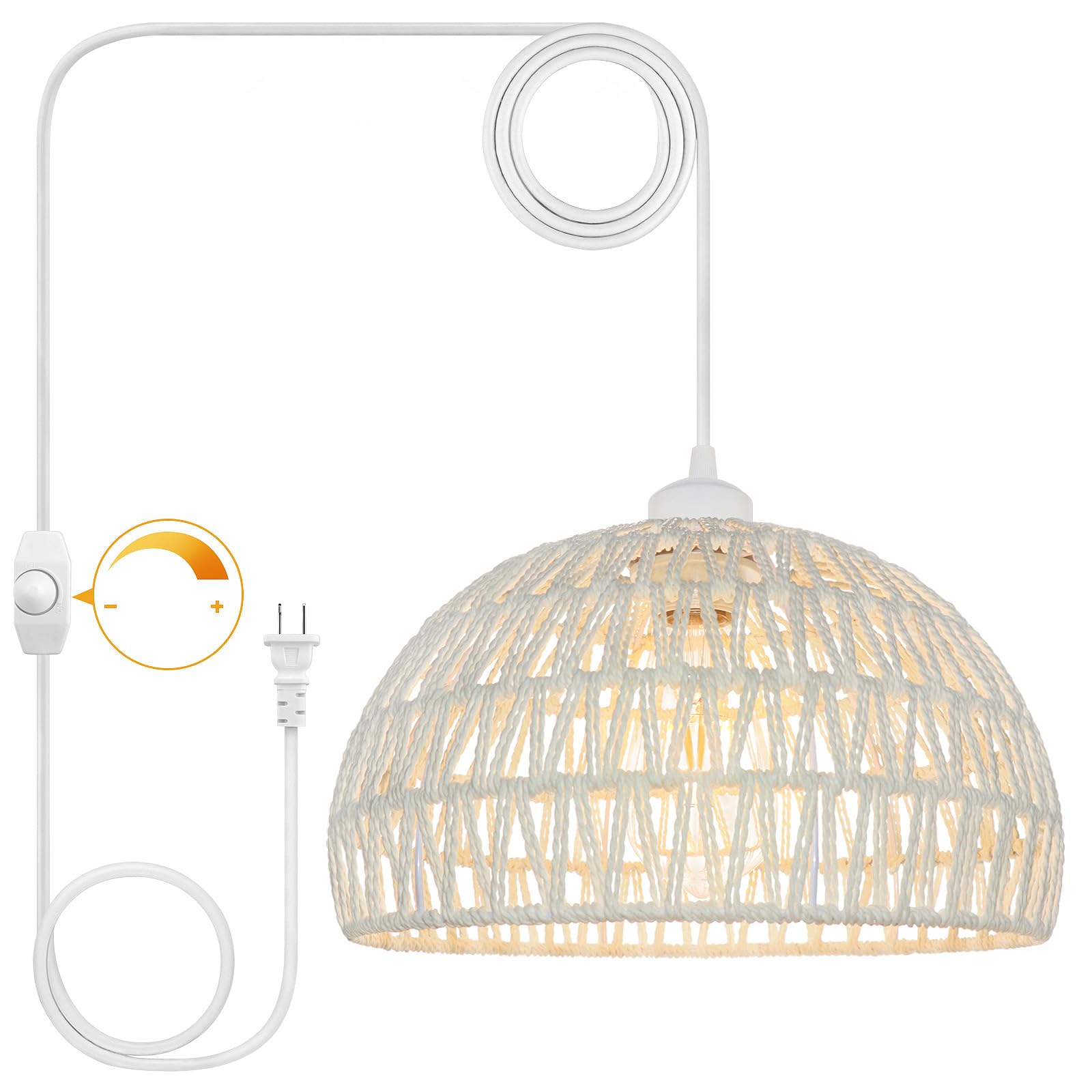 Slyymy Plug In Pendant Light, 15Ft Hemp Rope Cord,Hanging Light With Plug In Cord Rattan Hanging Lamp Wicker Woven Basket Lampshade, Industrial Plug In Ceiling Light Fixture For Kitchen (Cream)