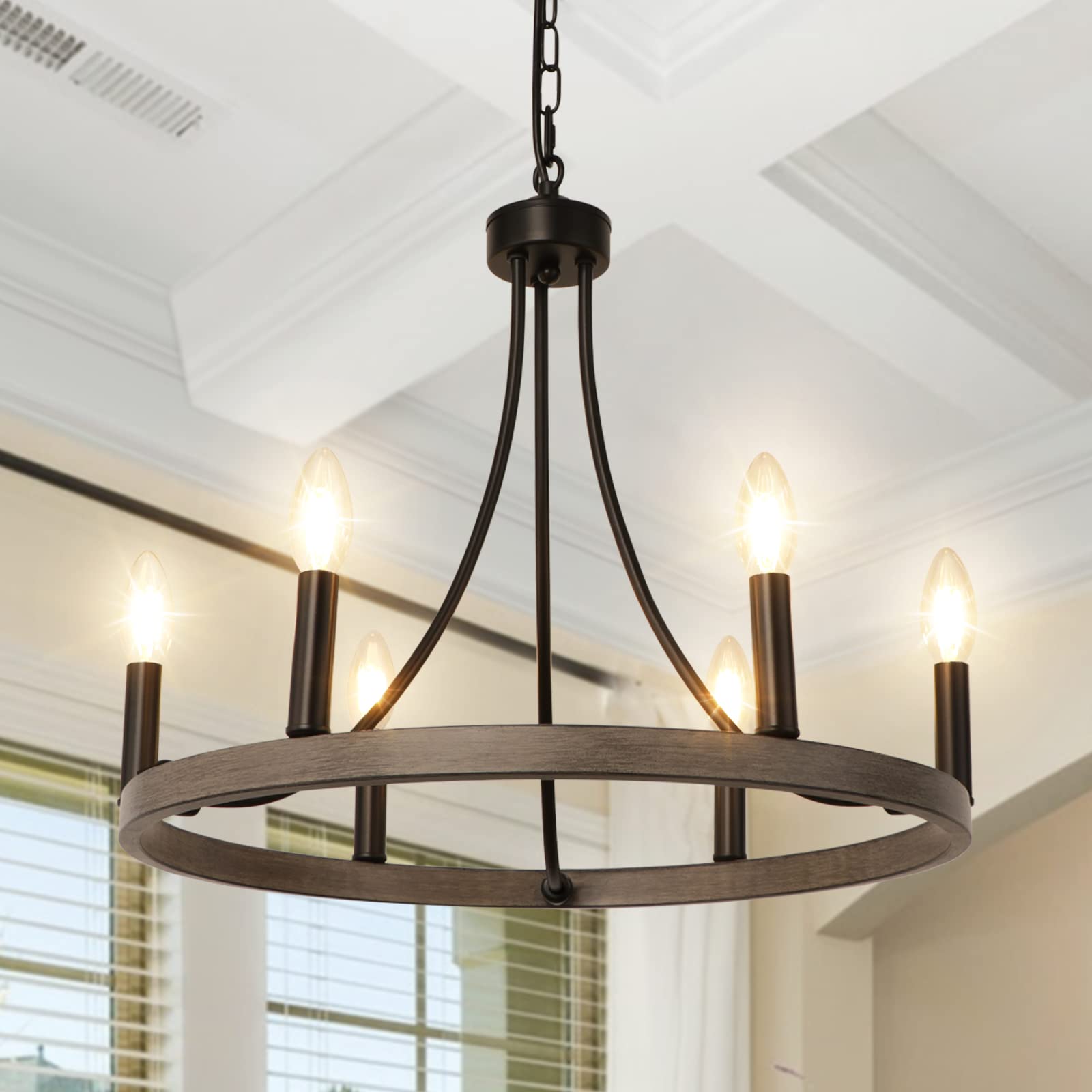 Wbindx 20'' Wagon Wheel Chandelier, 6-Light Metal Farmhouse Chandelier Rustic Faux Wood Black Round Chandeliers For Dining Room Kitchen Island Living Room Entryway Foyer Lighting