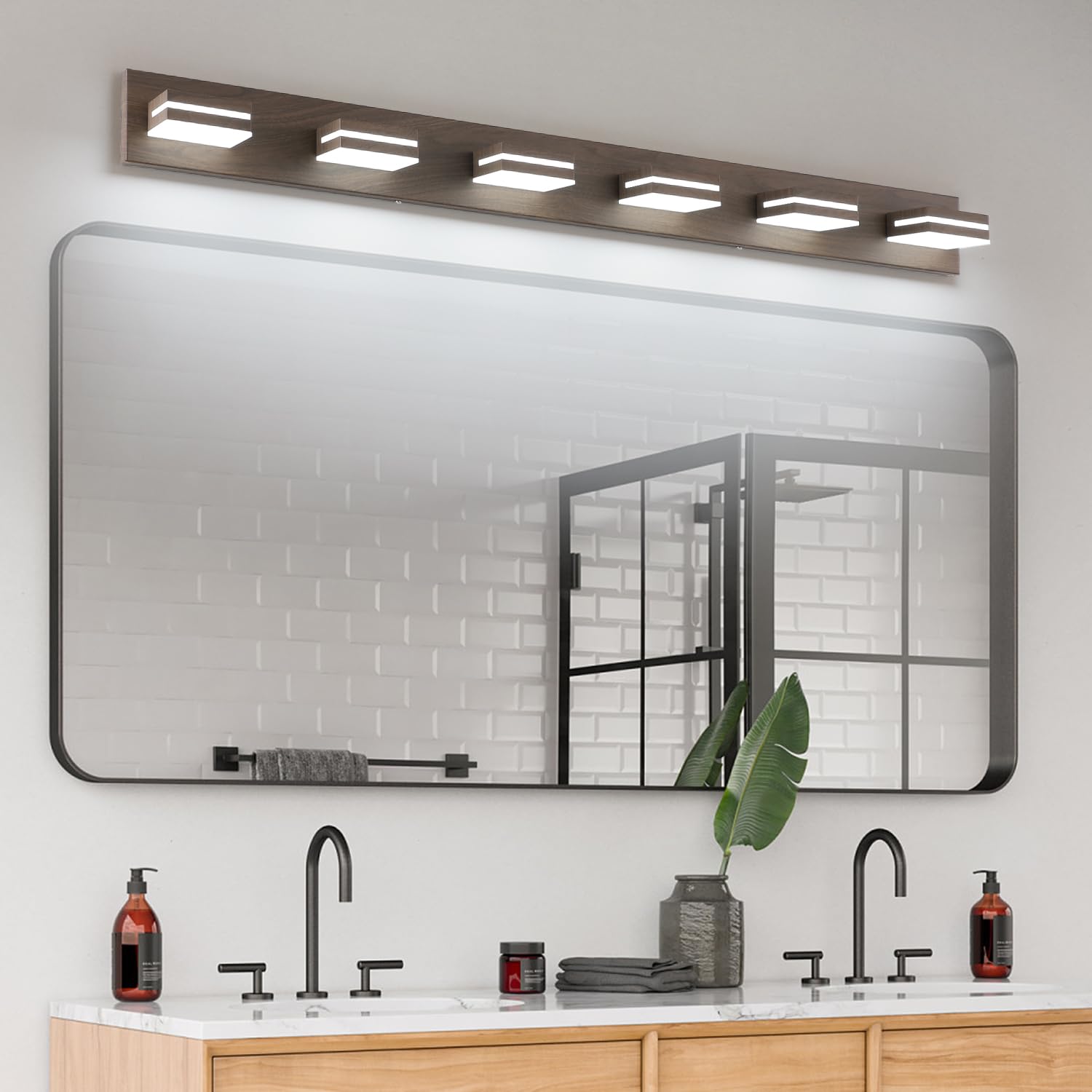 SineRise 6-Light LED Bathroom Vanity Light Fixture, 48-Inch, Brown Wood, Stainless Steel, Model 3399e96b, Non-dimmable, Cool White 6000