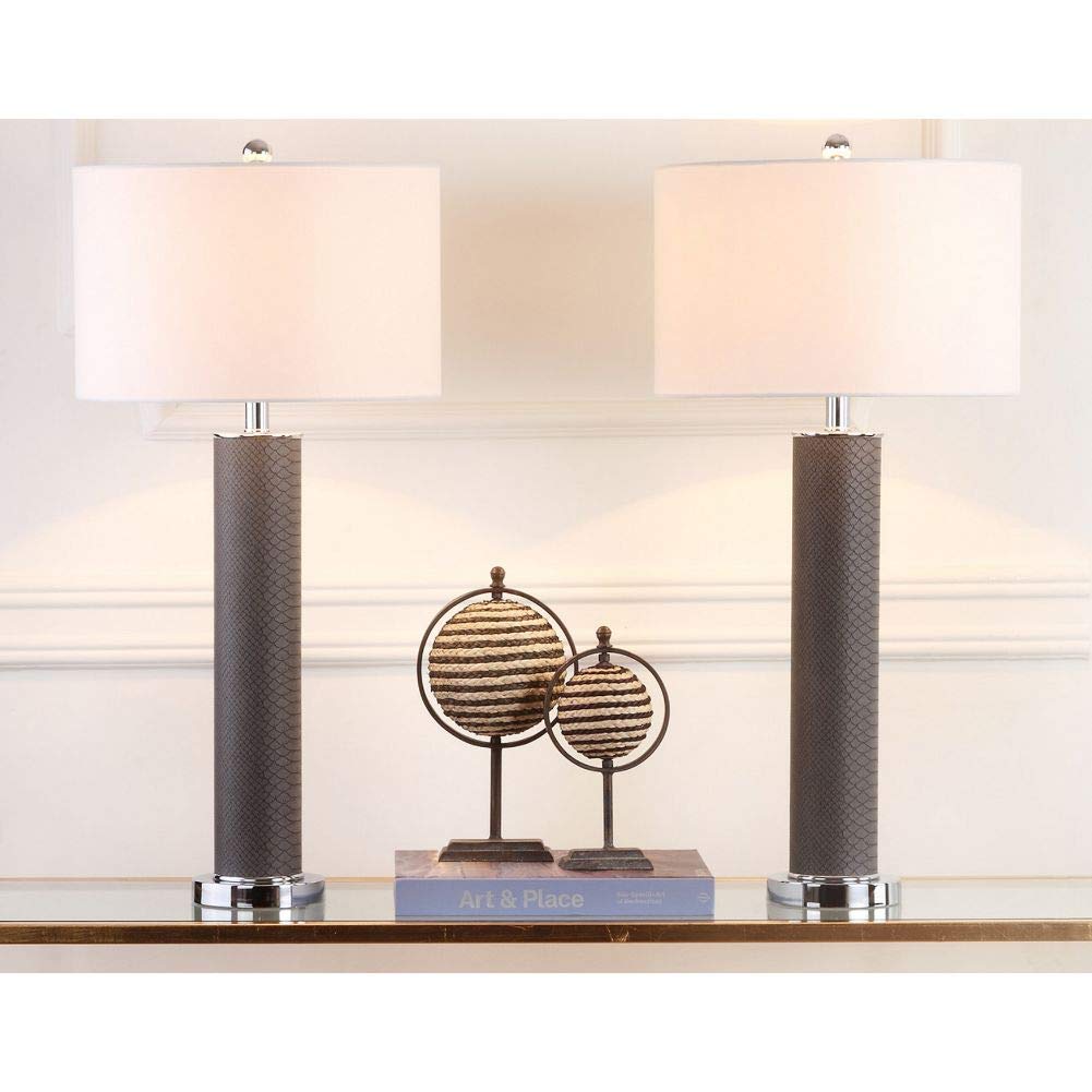 SAFAVIEH Table Lamp Set of 2, 32-inch Modern Grey Faux Snakeskin, Model LIT4404E-SET2, LED Bulbs Included