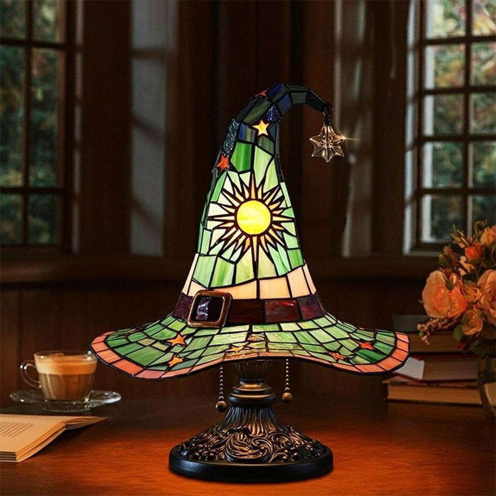 Witch Hat Lamp Stained Glass Resin, Handmade Gothic Witch Hat Lamp, Small Wizard Hats Shape Spooky Fun Light For Indoor Party Ha