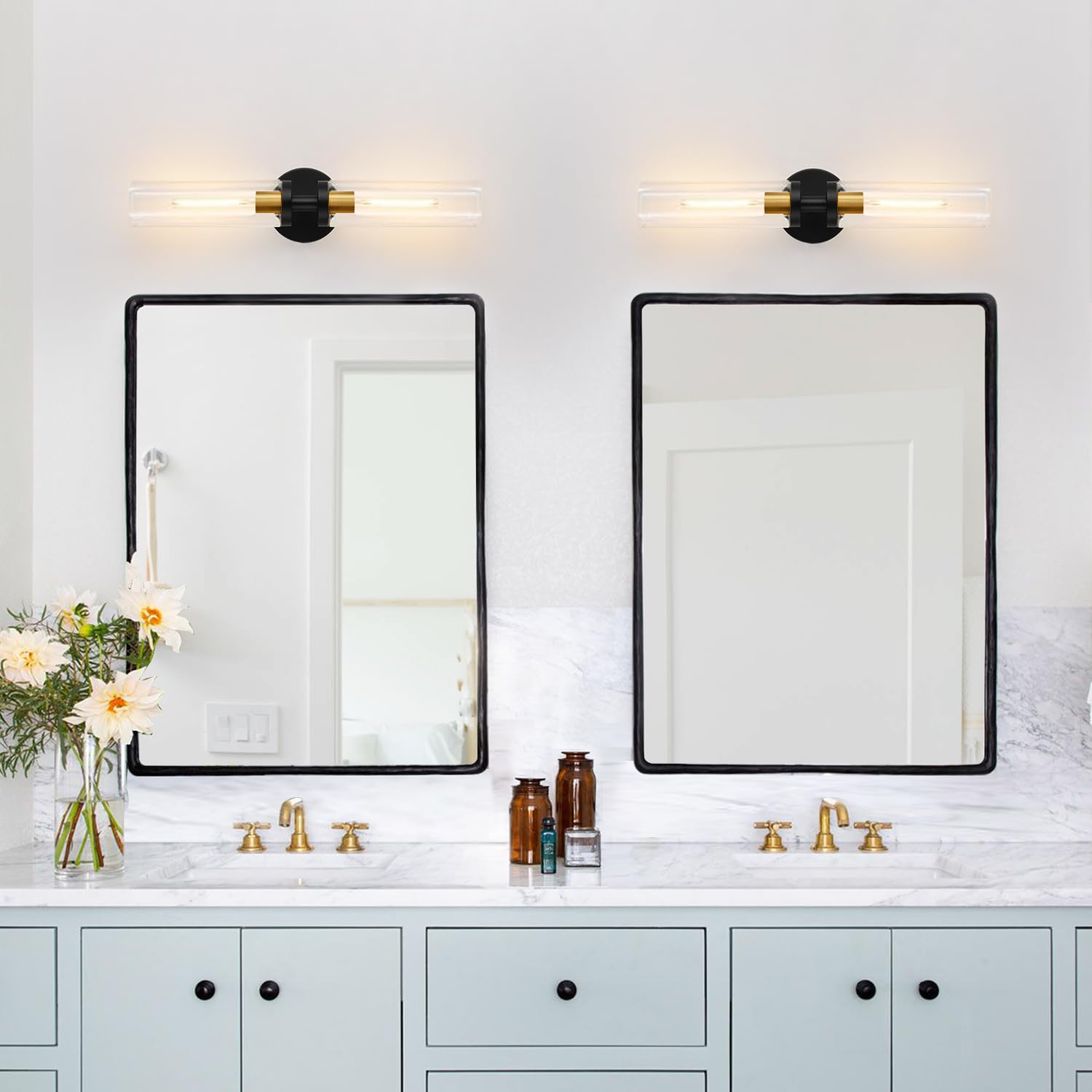 Indoi Wall Sconces Set of 2, Black and Gold Metal Lighting with Clear Glass for Bathroom, Living Room, Hallway, Bedroom - Model YX-050