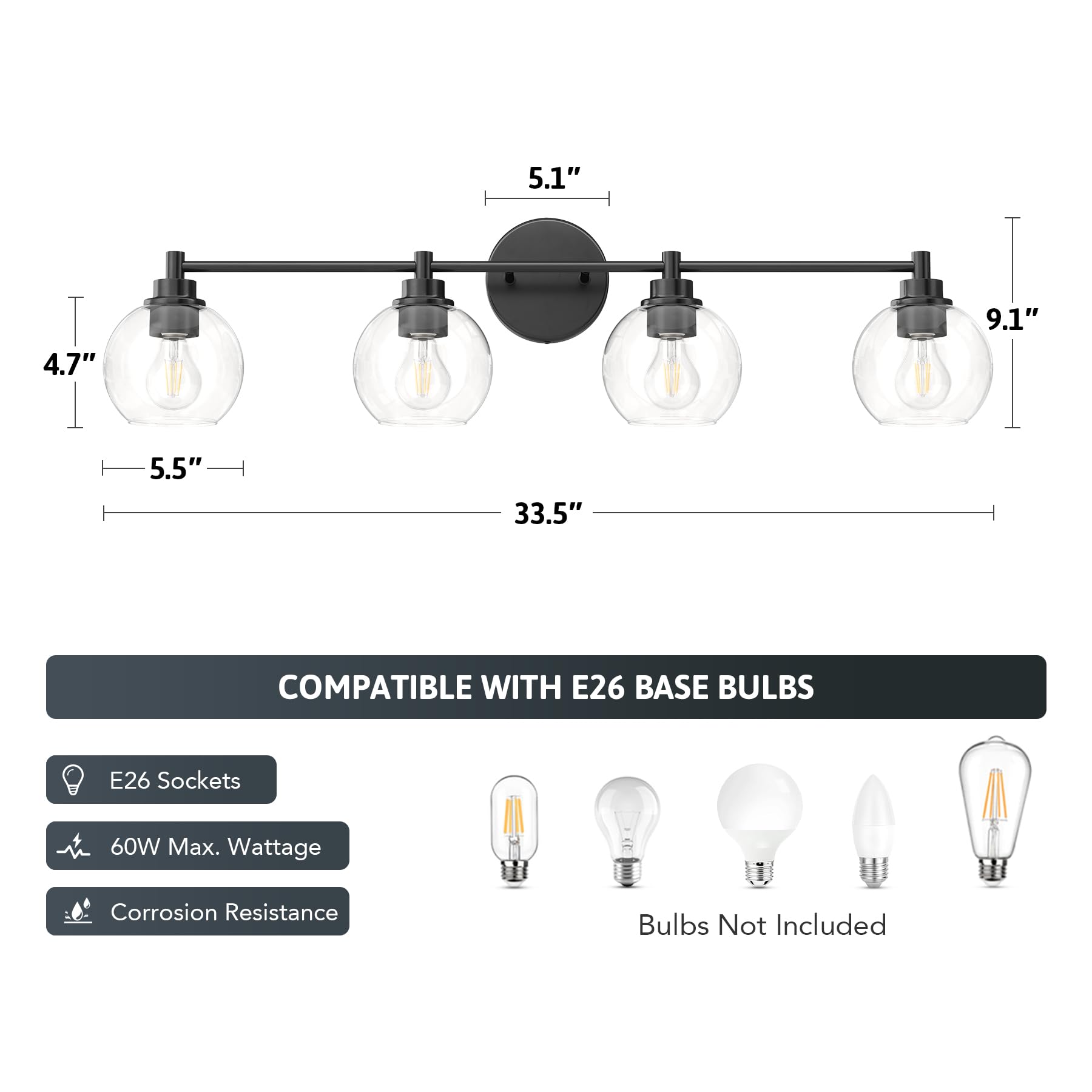 Vonluce Bathroom Light Fixtures, 4-Light Bathroom Vanity Light With Globe Glass Shades E26 Sockets, Vanity Lights Over Mirror Fo