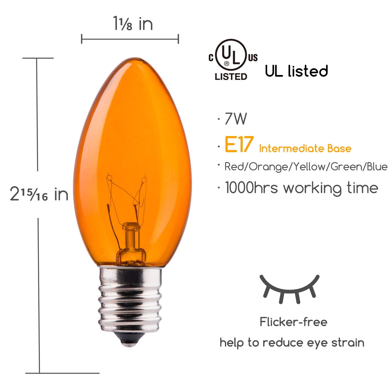 Brightown 50 Pack C9 Incandescent Bulb, C9 Christmas Replacement Light Bulb For Christmas String Light, E17 Intermediate Base, 7