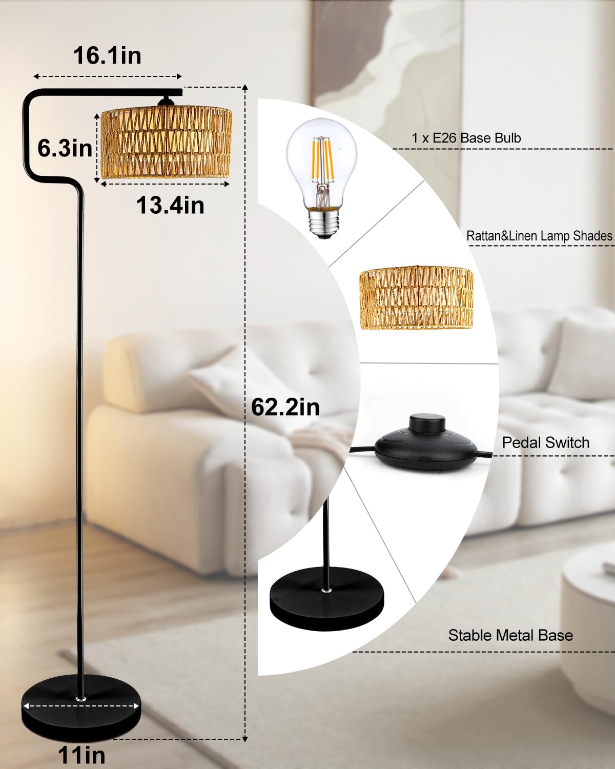 Lightdot 62In Rattan Floor Lamps For Living Room, Boho Standing Lamp With Rattan& Linen Double Shades, Arc Standing Floor Lamps,