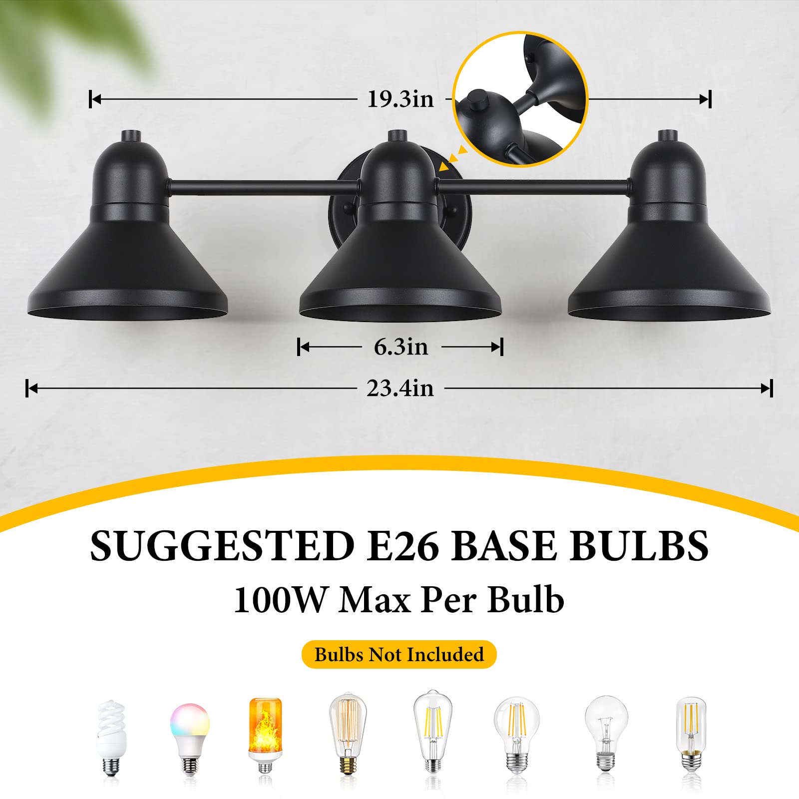 Bathroom Light Fixtures, 3-Light Vanity Light Over Mirror, Matte Black Metal Bathroom Light, Modern Farmhouse Rustic Industrial