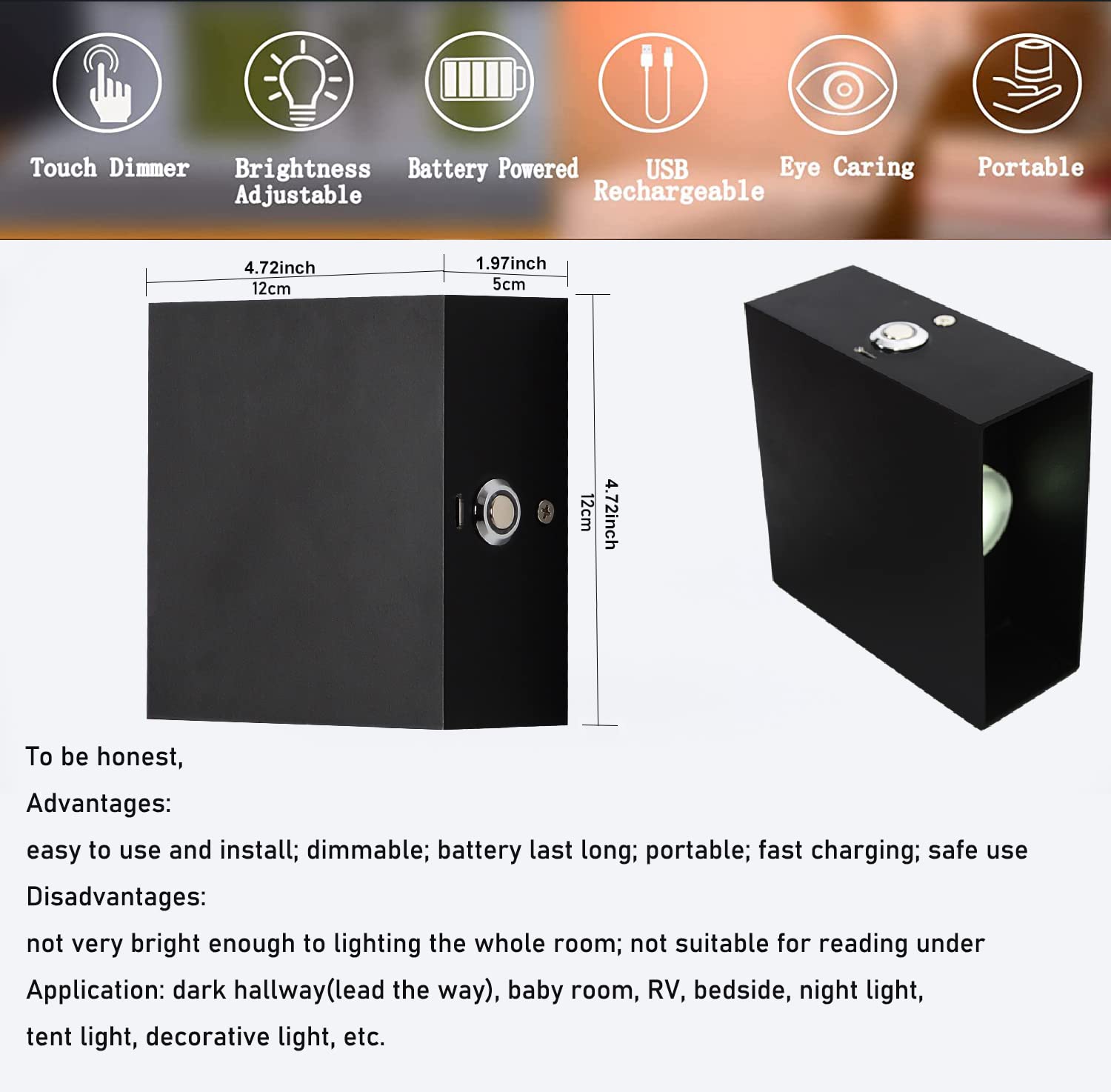 ZYI Indoor LED Wall Lamp with Touch Switch, Cordless Lamp Rechargeable USB Wall Sconce Lights Battery Powered Bedside Lamps for
