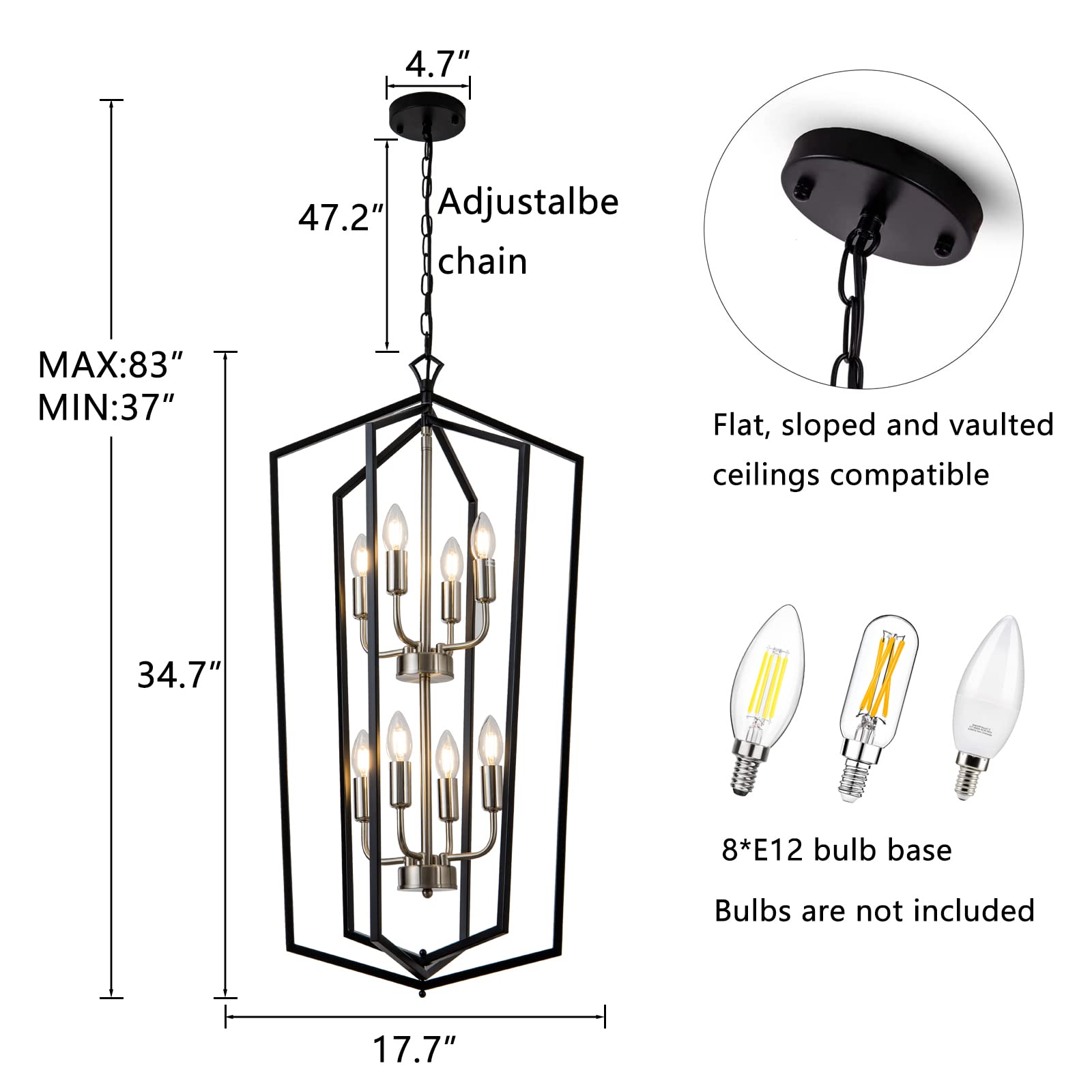 Lanhall 8-Light Metal Lantern Chandelier Pendant Light Fixture for Kitchen, Dining, Living Room - Black & Brushed Nickel, Model 500-100-1050