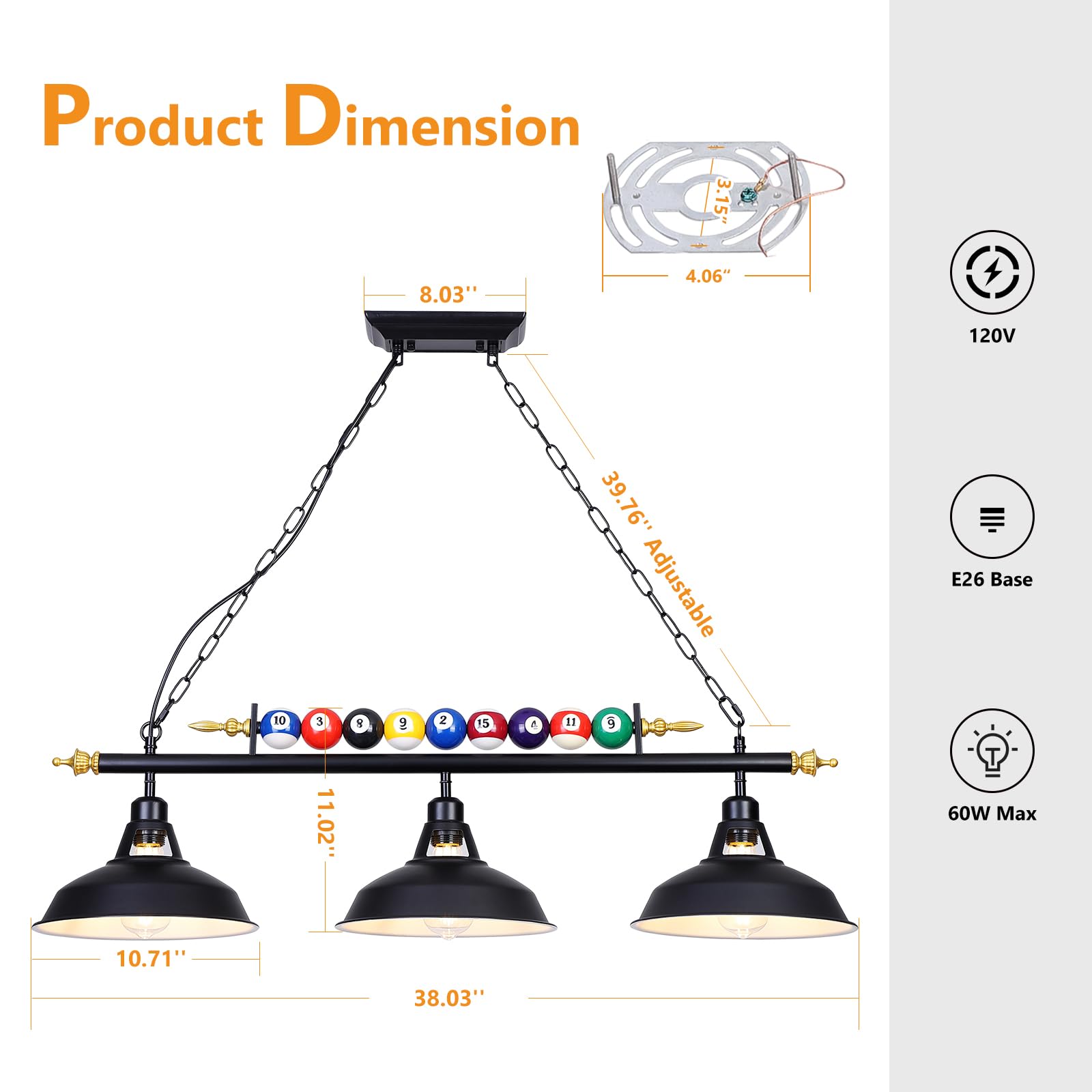 Mcacggo 3-Light Billiard Pool Table Lights Hanging Over Pool Table, Black Matte Metal Shades With Billiard Ball Decor, For Billi