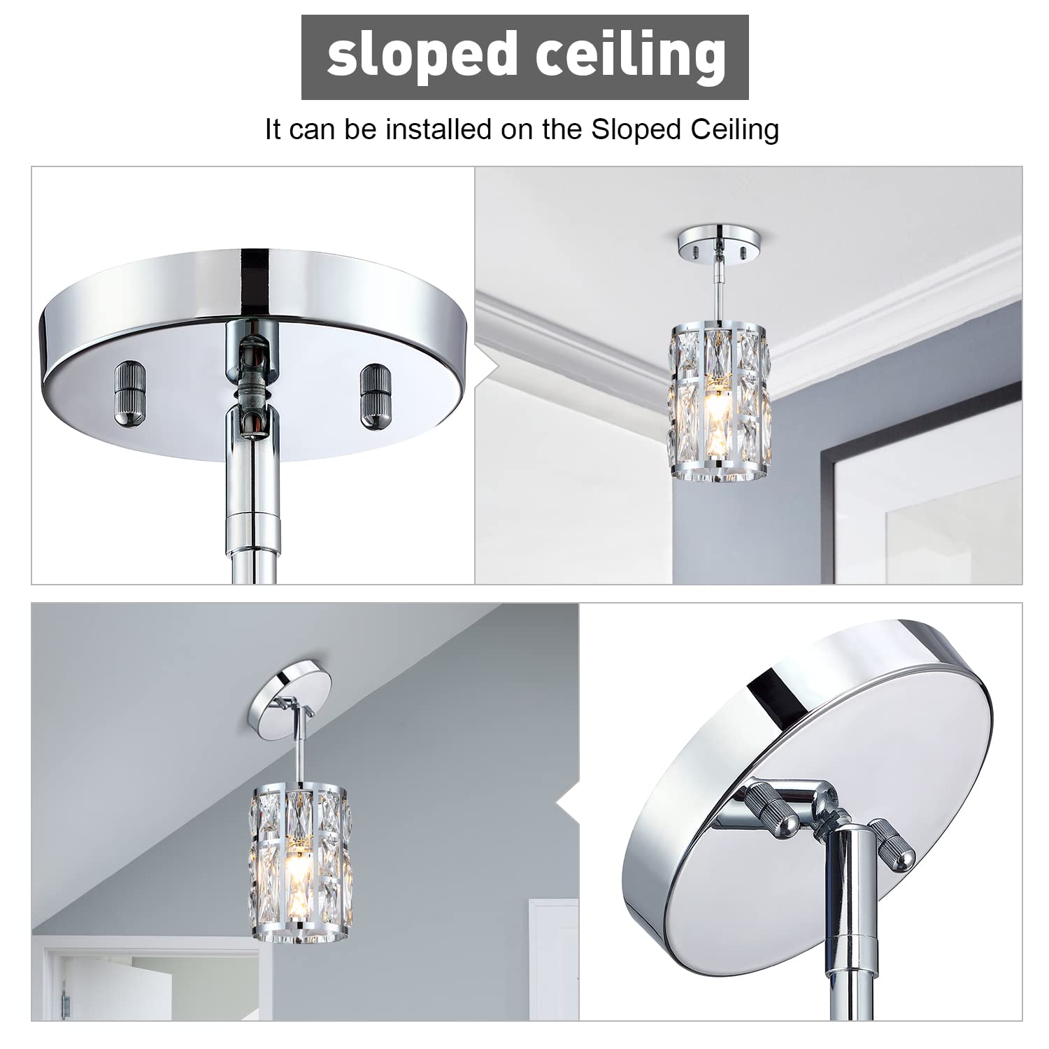 MEXO Modern Crystal Pendant Light Fixture, Chrome, Small Metal Chandelier for Kitchen, Dining, Living Room, Porch, Bedroom