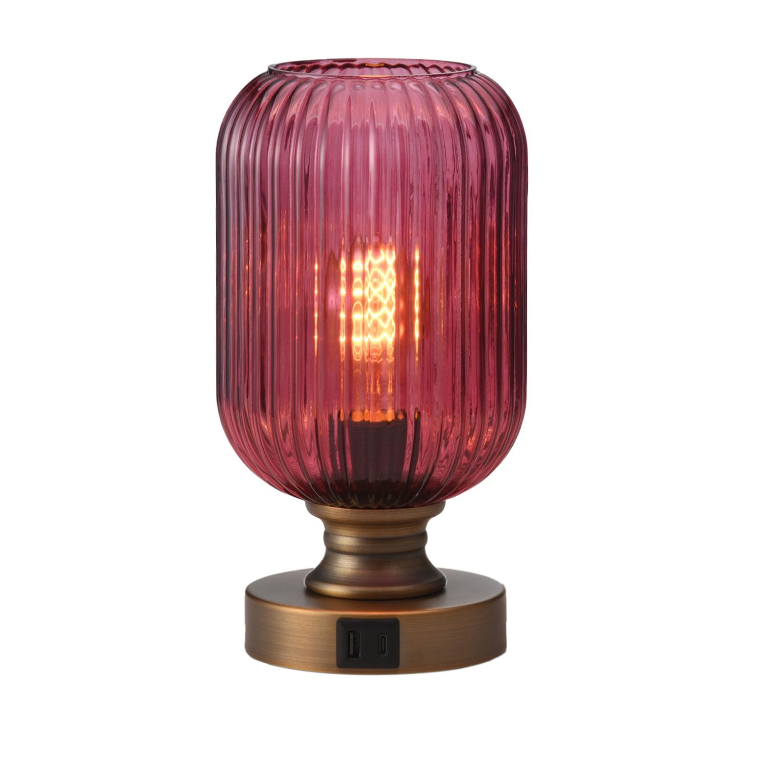 MAINDECO Mid Century Glass Table Lamp,Dimmable Desk Lamp,LED Bulb Included,Touch Control & USB A+C Port,Purple Ribbed Glass