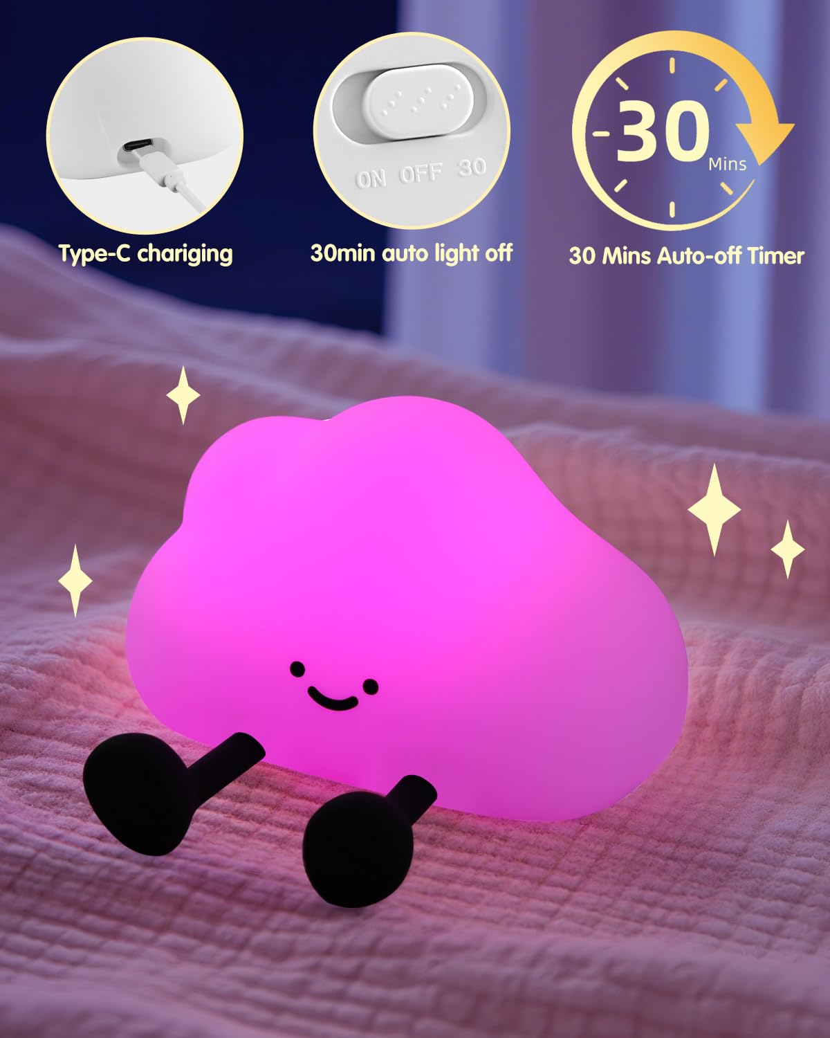 YISUN Cloud Night Light - Colorful Silicone Dimmable Bedside Lamp, Rechargeable, Soft & Portable for Kids, Model DH-BFLD27