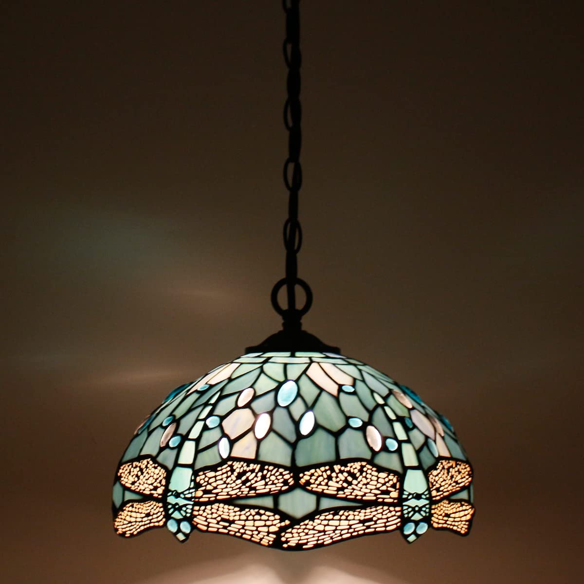 WERFACTORY Tiffany Pendant Lamp Plug In, Sea Blue Stained Glass, 12 Inch Dragonfly, Medium Size, S147 Series