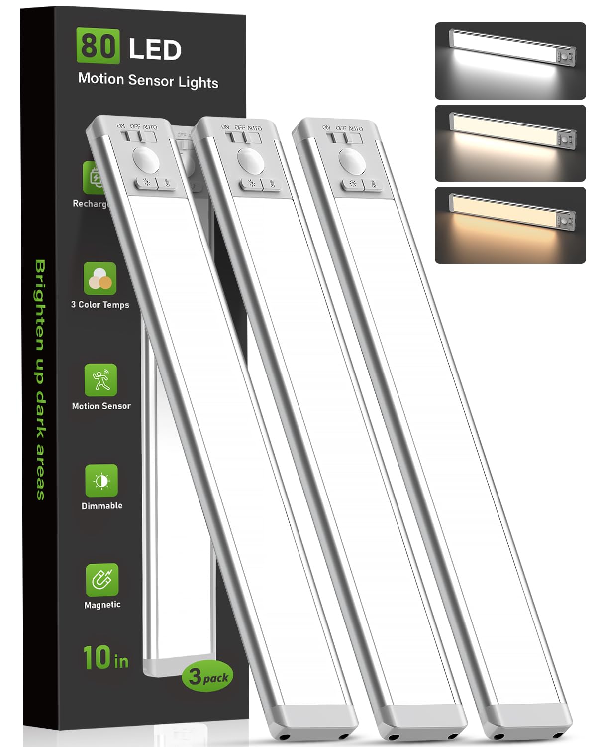 MCGOR 3 Pack 10inch Under Cabinet Lighting, Rechargeable Motion Sensor Light Indoor with 3 Color Temps, Dimmable Magnetic Led Cl