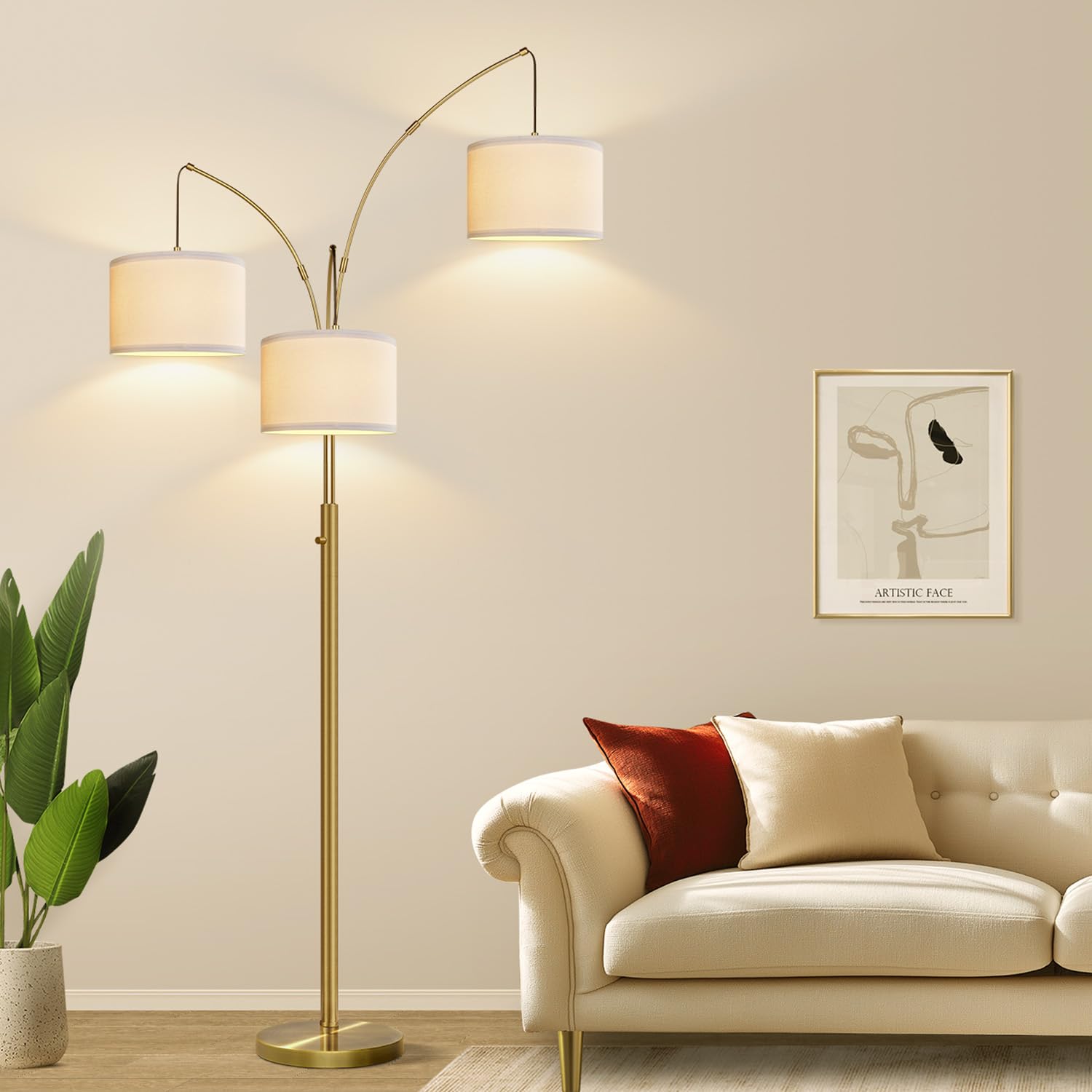Dimmable Floor Lamp - 3 Lights Brass Floor Lamps For Living Room Linen White Shades & Heavy Base, Mid Century Tree Floor Lamp Fo