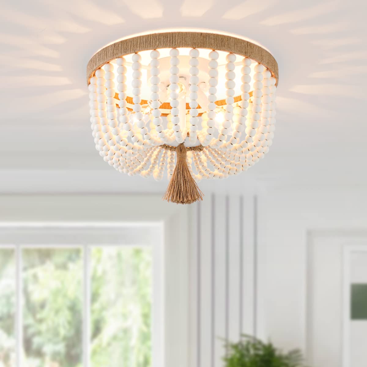 Viluxy 3-Light Bohemia Wood Beaded Flush Mount Ceiling Light For Bedroom & Kitchen Island
