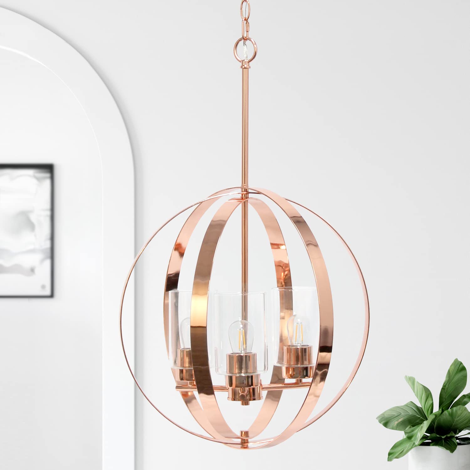 Elegant Designs 3-Light Pendant Light, Metal & Glass, 18inx18inx28.5in, Rose Gold, Model PT1021-RGD