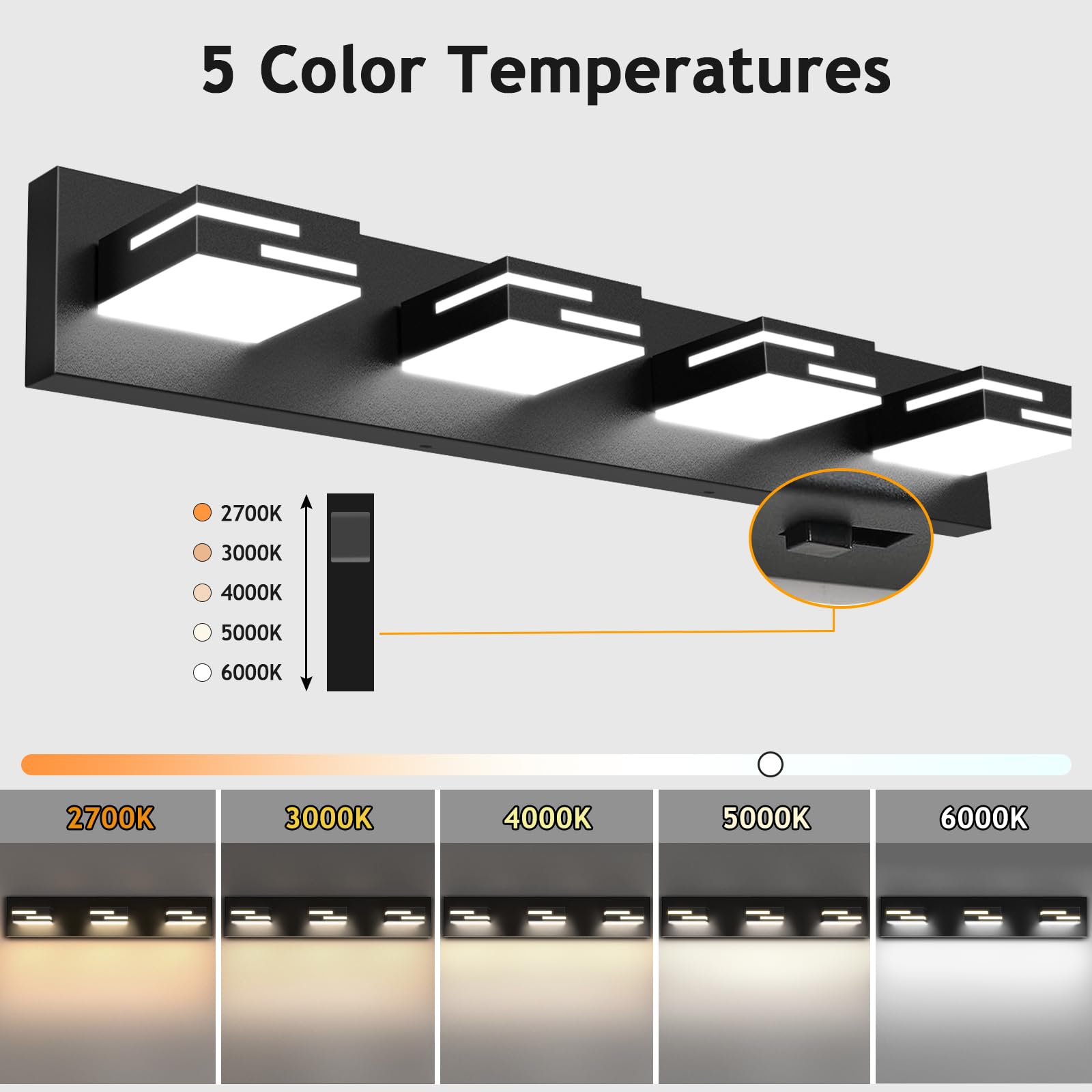 Lkhf Led Modern Bathroom Vanity Light Fixtures 4-Light 5Cct Dimmable Matte Black Vanity Lights For Bathroom Lighting Fixtures Over Mirror  With 350?Rotatable Acrylic Heads  28-Inch