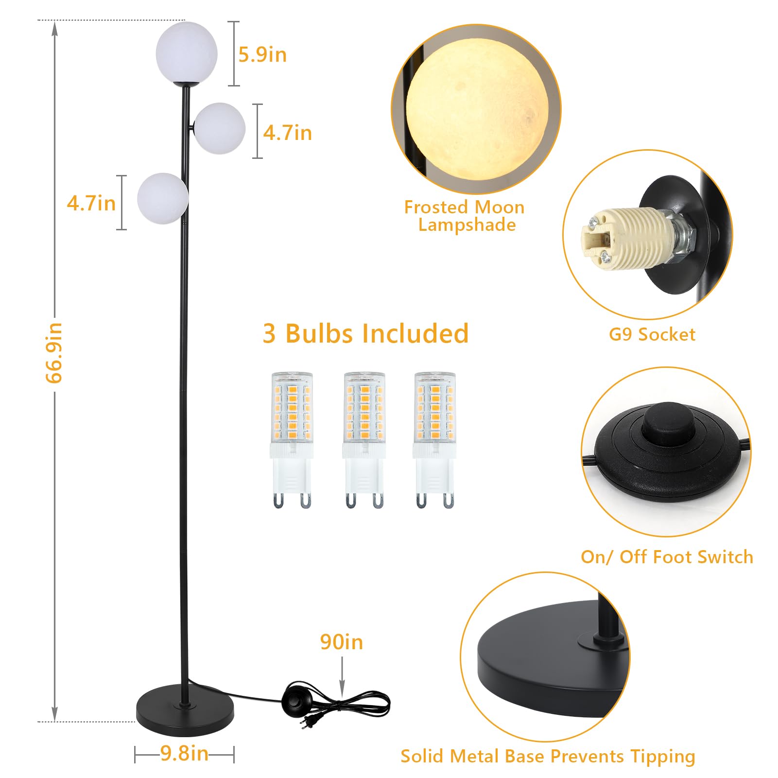 3 Globe Floor Lamps For Living Room, Black Standing Lamp With Led G9 Bulbs, Modern Floor Lamp With 3D Moon Printing Frosted Shad