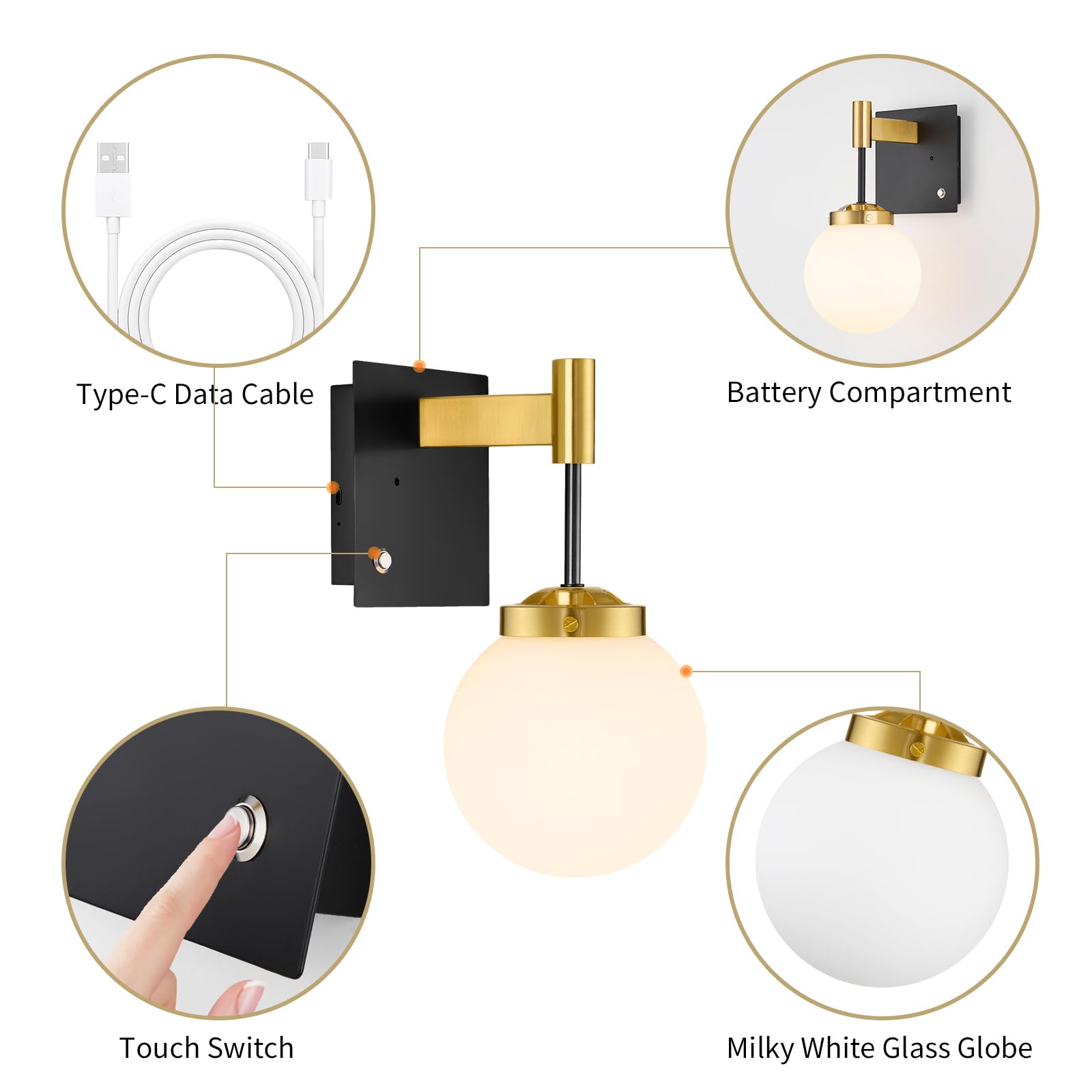 Rayogale Rechargeable Battery Wall Sconce 2 Pack - Wireless, Dimmable, 3 Color Temp, Black Gold with White Lampshade, Model WL-7102-BG-2