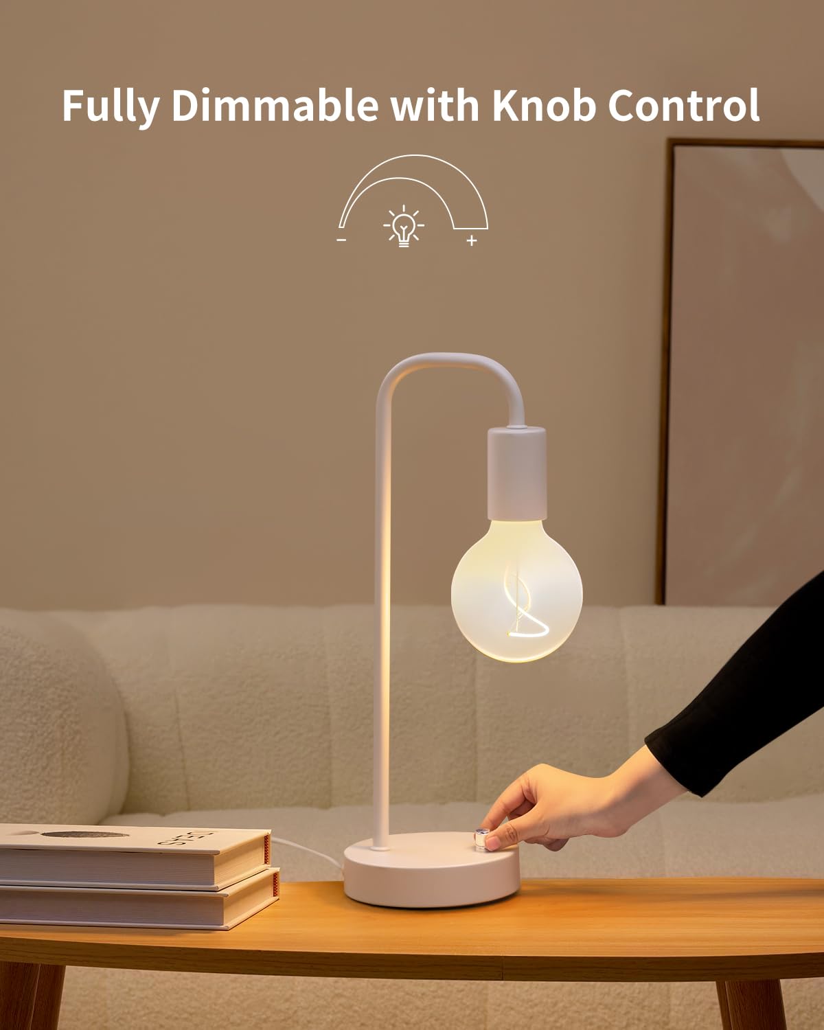 Onewish Dimmable White Table Lamp For Bedroom, Modern Metal Nightstand Lamp With Warm Light Bulb