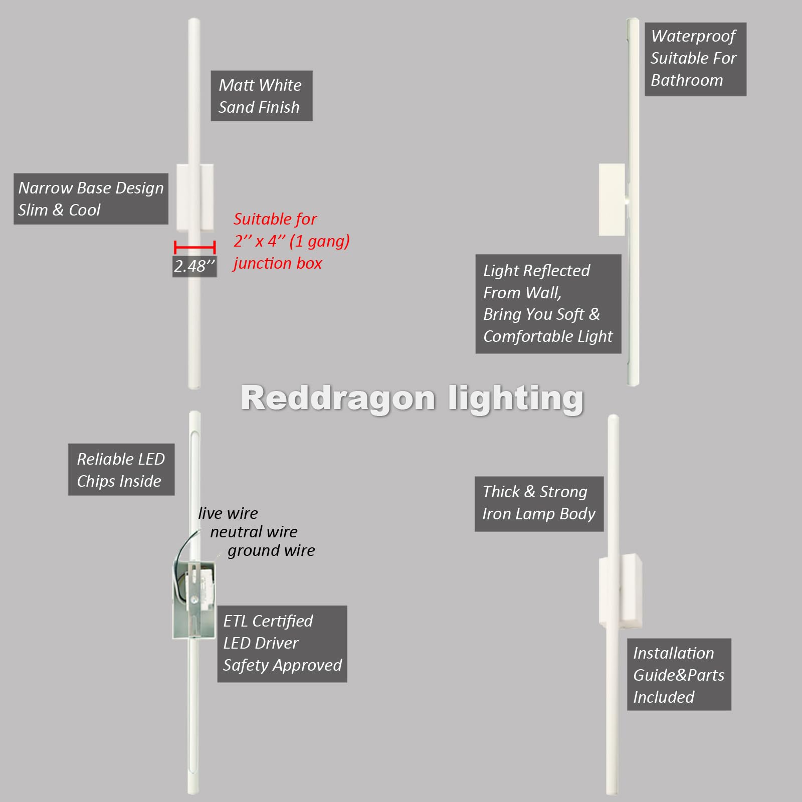 Reddragon lighting Set of 2 Hardwired Slim Long White Wall Sconces Narrow Minimalist Linear Vanity Wall Lights for Bathroom Bedr