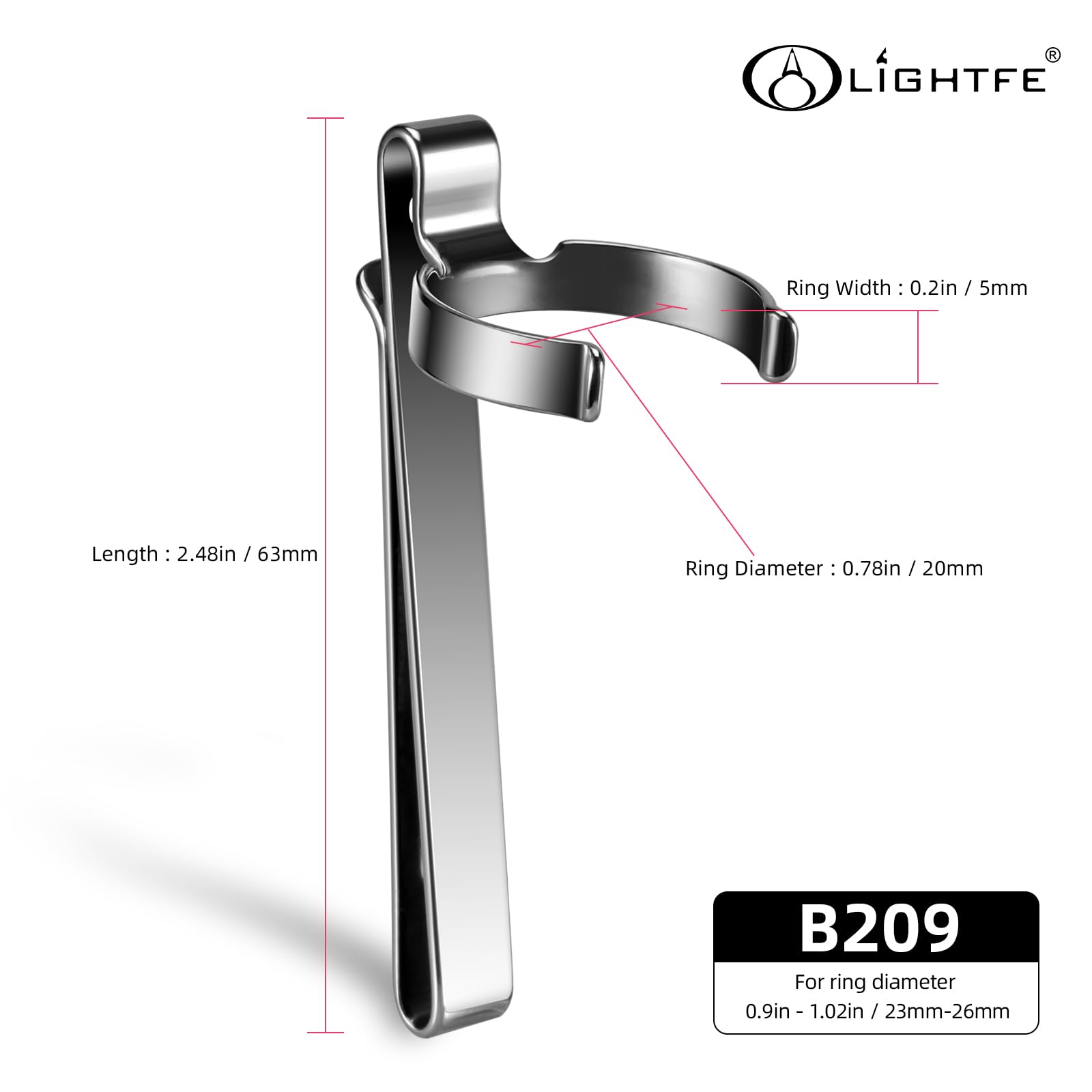 LIGHTFE Flashlight Clip B209 - Stainless Steel for 23-26mm Diameter, 6-6.4mm Slot Width, Versatile for Hat, Pocket, or Bag Use