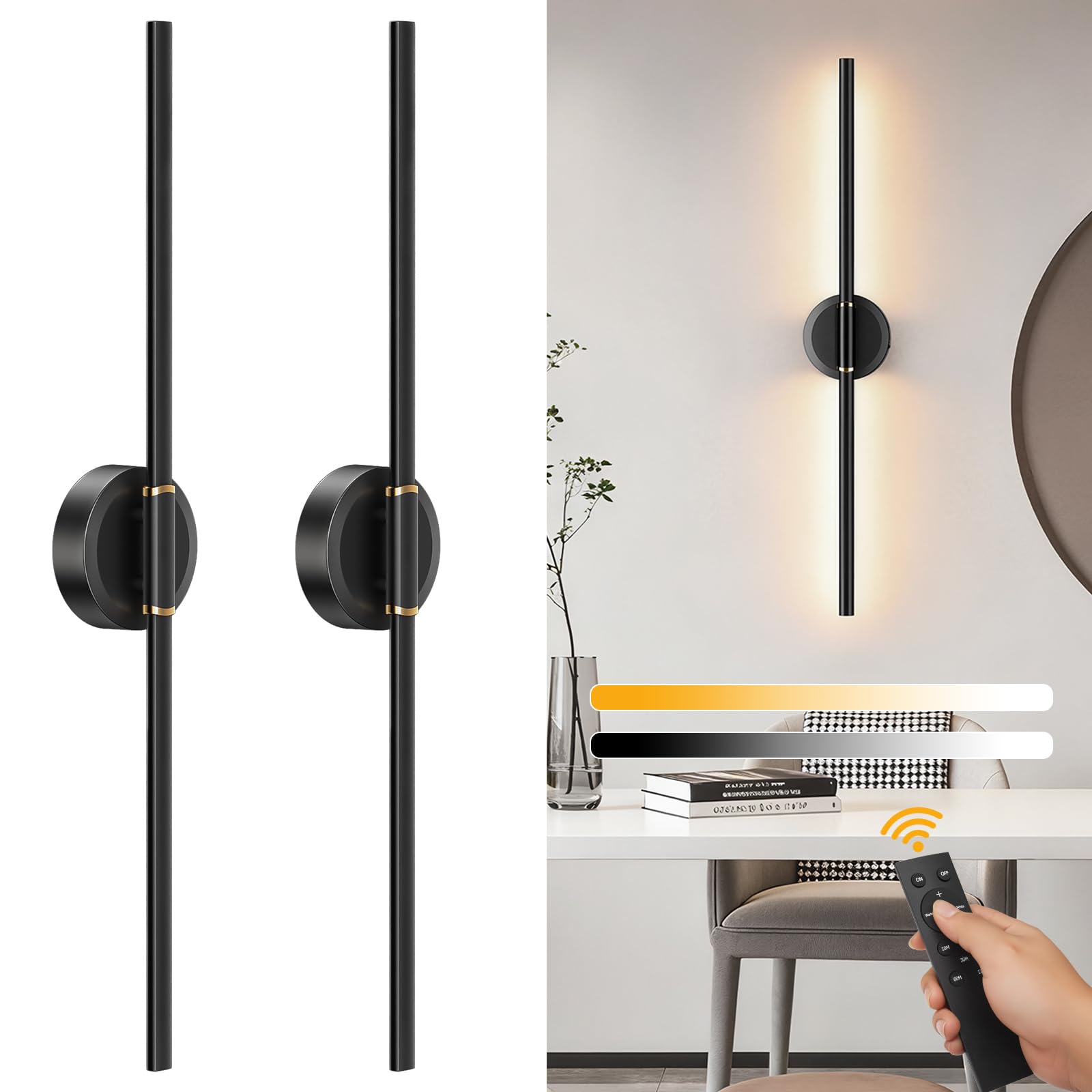 DEALGADGETS Battery Operated Wall Sconces Set of 2, Dimmable 8000mAh Rechargeable Wall Lights, LED Wall Lamp with Remote Control