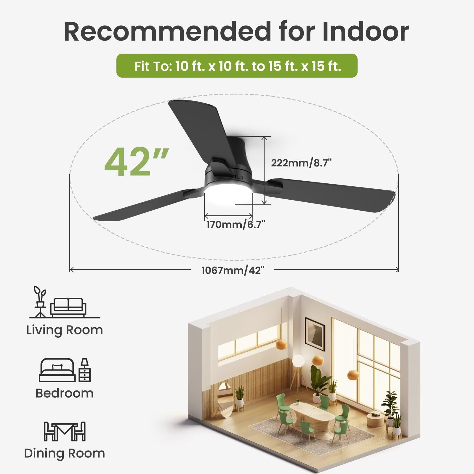 OSTIVE 42 Inch Black Ceiling Fan with Lights, Remote, Quiet Reversible DC Motor, 3CCT Dimmable LED for Indoor/Outdoor Use