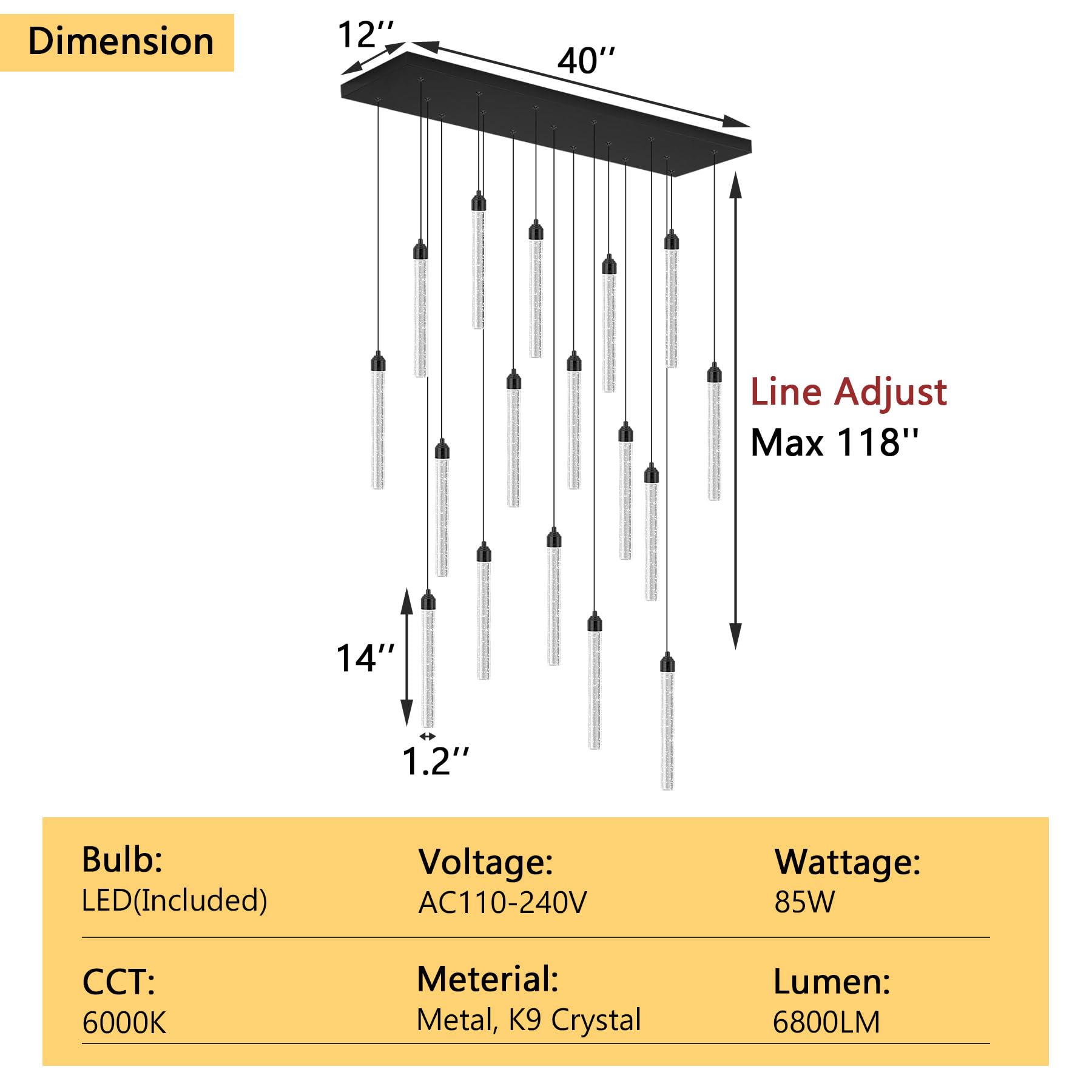 Dolria Rectangular Chandelier, 17-Lights LED Pendant Light, Dimmable, Black Metal, Model PC0008-CT-17B, Ideal for Entryway & Living Room