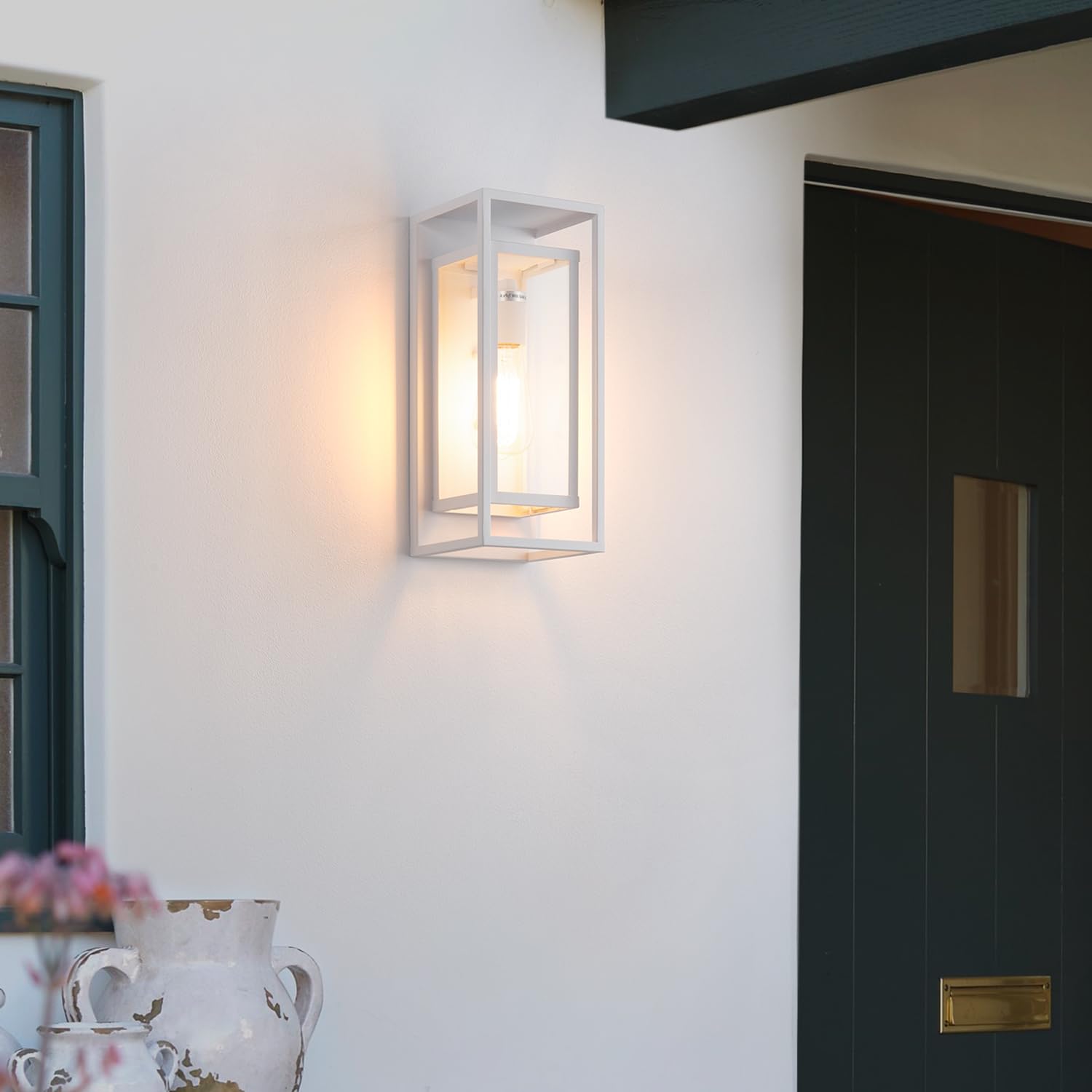 mirrea Outdoor Wall Sconce 1 Light Rectangular Metal Frame Clear Glass Shade 14-inch Matte White Model BH009 Pack of 2