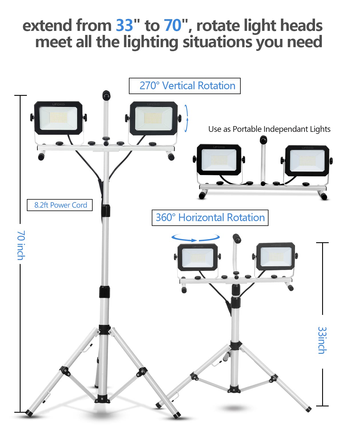 Ufond 10000 Lumen Led Work Light With Stand, Dual Head Work Light, Waterproof Lamp With Individual Switch, Adjustable Metal Telescoping Tripod With Power Cord (2 Pack)