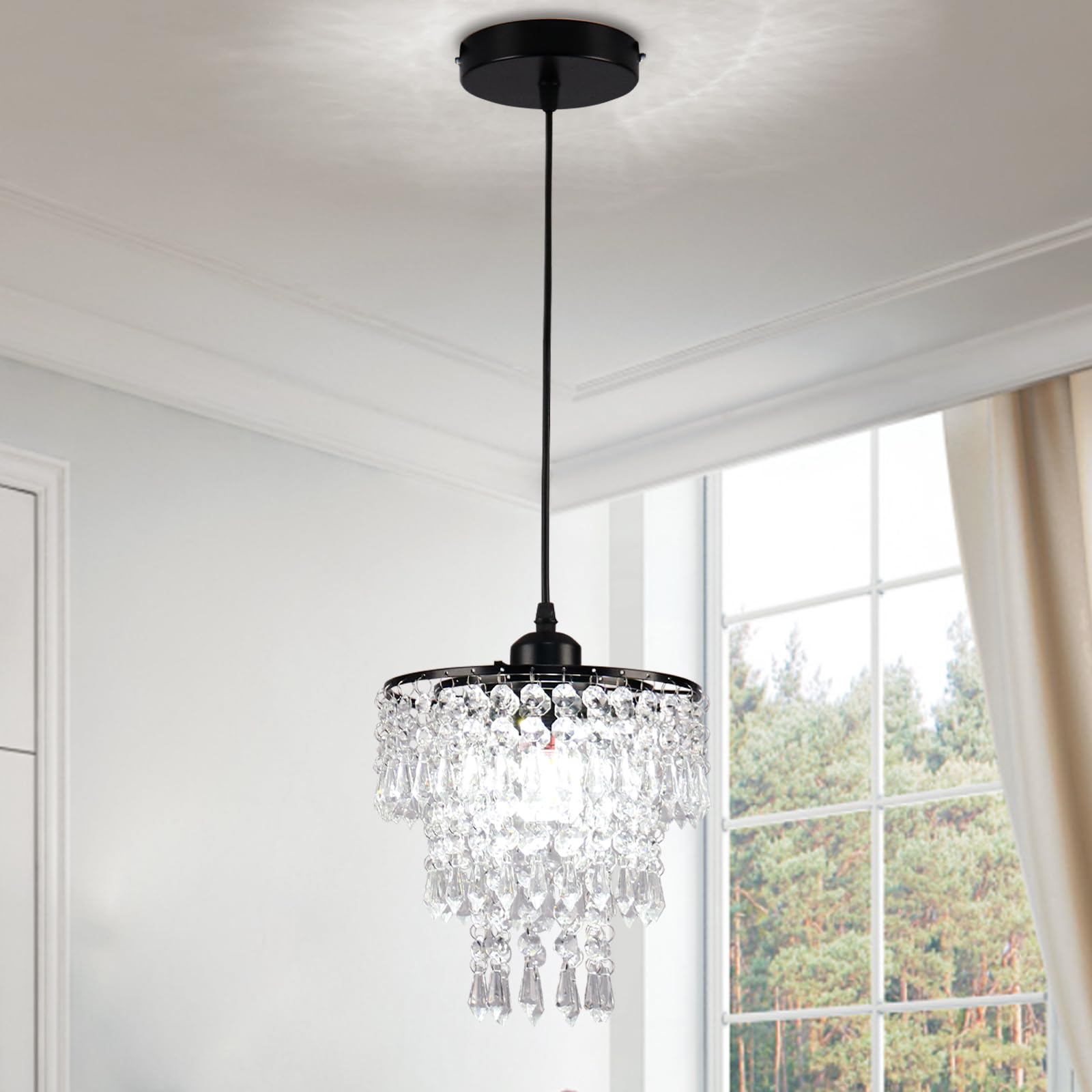 Frixchur Black Crystal Chandelier Pendant Light, Small Semi Flush Mount For Hallway & Bedroom