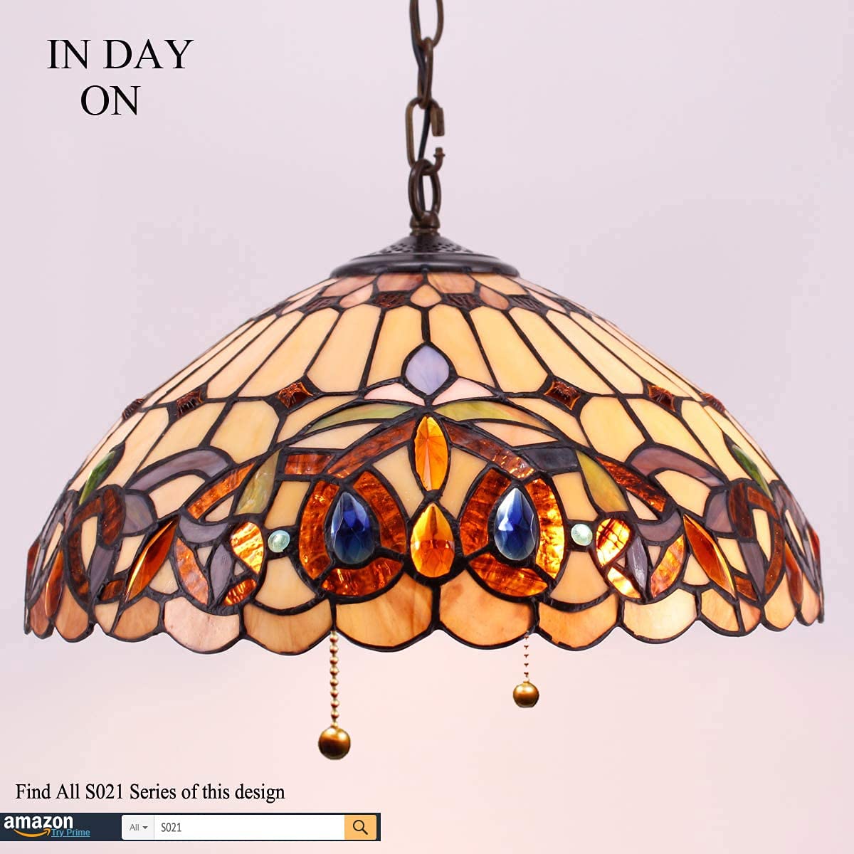 WERFACTORY Tiffany Pendant Light - Stained Glass Hanging Lamp, 16in Wide, 40in Height, Serenity Victorian S021 Series, Large, Glass