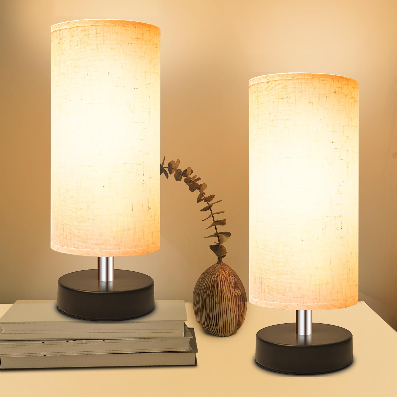 Degnju Small Lamp For Bedroom, Bedside Lamps For Night Stands, Mini Minimalist Table Lamp With Round Flaxen Fabric Shade, 11 Inch Desk Reading Lamp For Dorm Room Living Room Office Room, 2 Pack
