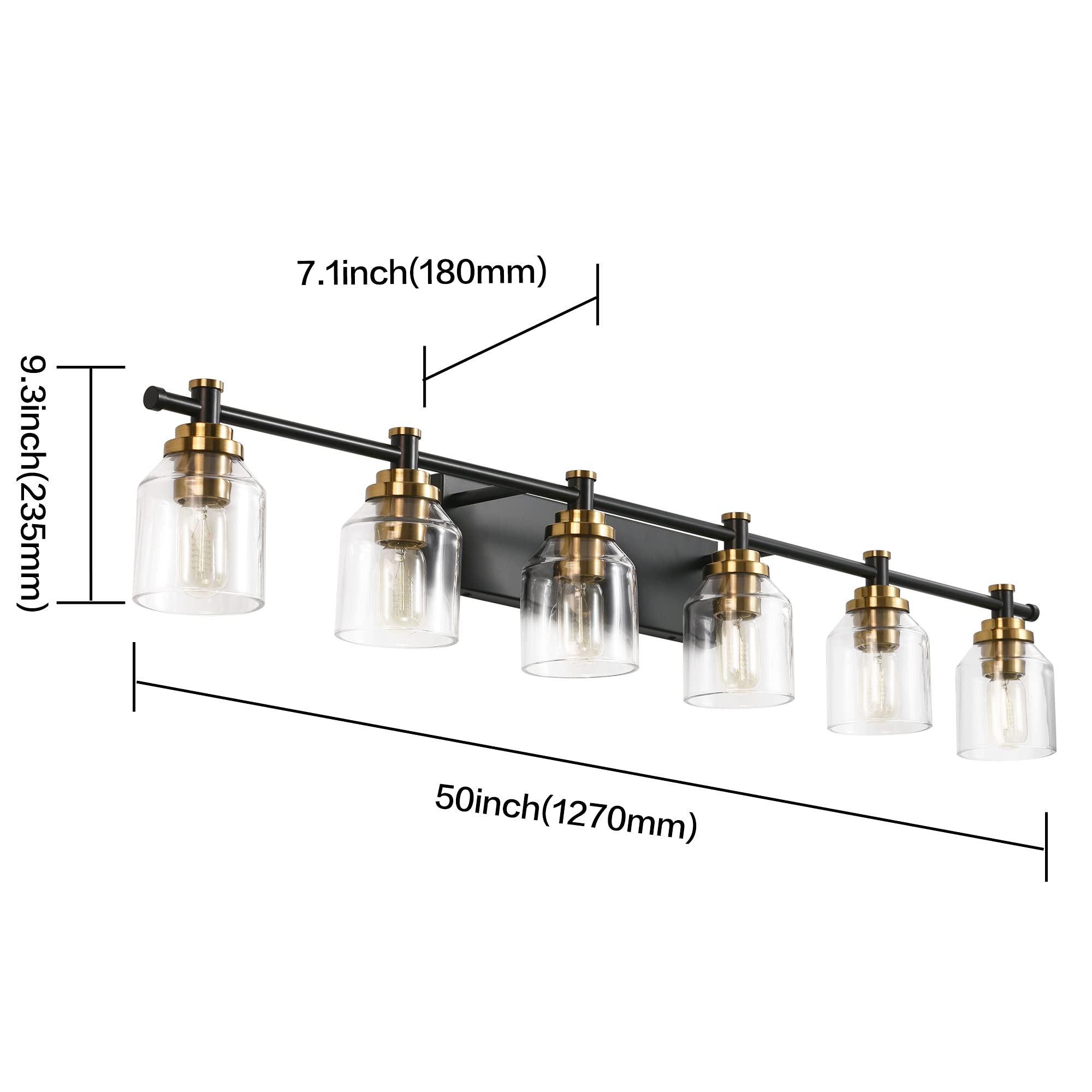 SOLFART 6-Lights Vintage Bathroom Vanity Light Fixture, Black Brass, Clear Glass, Model 7900-6T