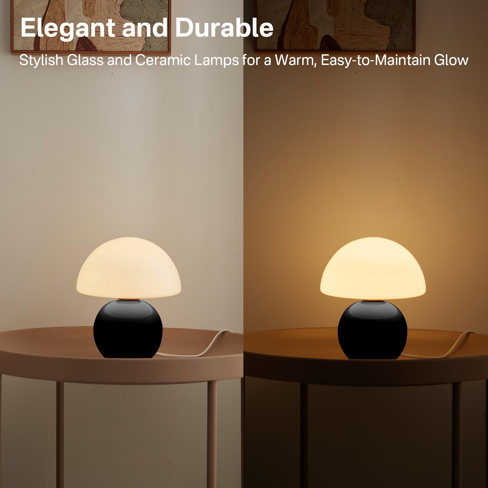 Dawnwake Mushroom Table Lamp - Small Black Glass Mid Century Aesthetic for Bedroom & Living Room - Model TD3003