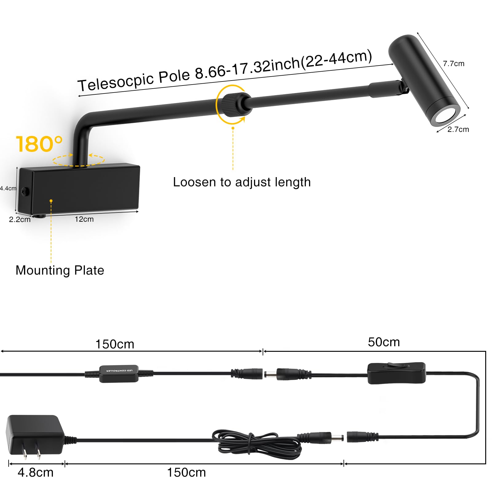 Hudyogy Picture Light for Wall with Retractable Arm, Rotatable Indoor Spotlight Plug in, Dimmable LED Picture Frame Light with R