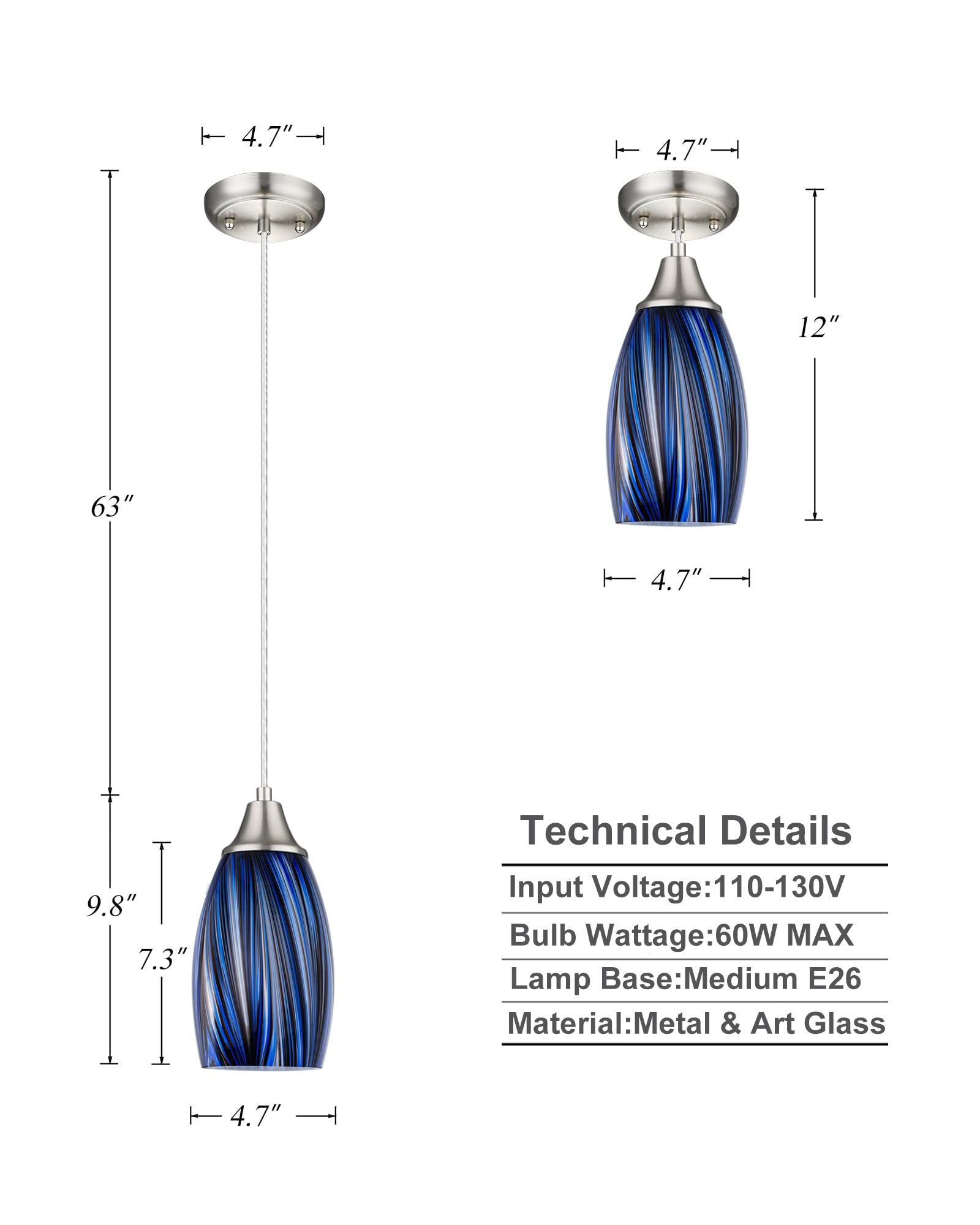 Karyfine Mini Art Glass Dark Blue Pendant Lights Kitchen Island Hand Blown Mini Glass Pendant Lights With Brush Nickel Finish Ad