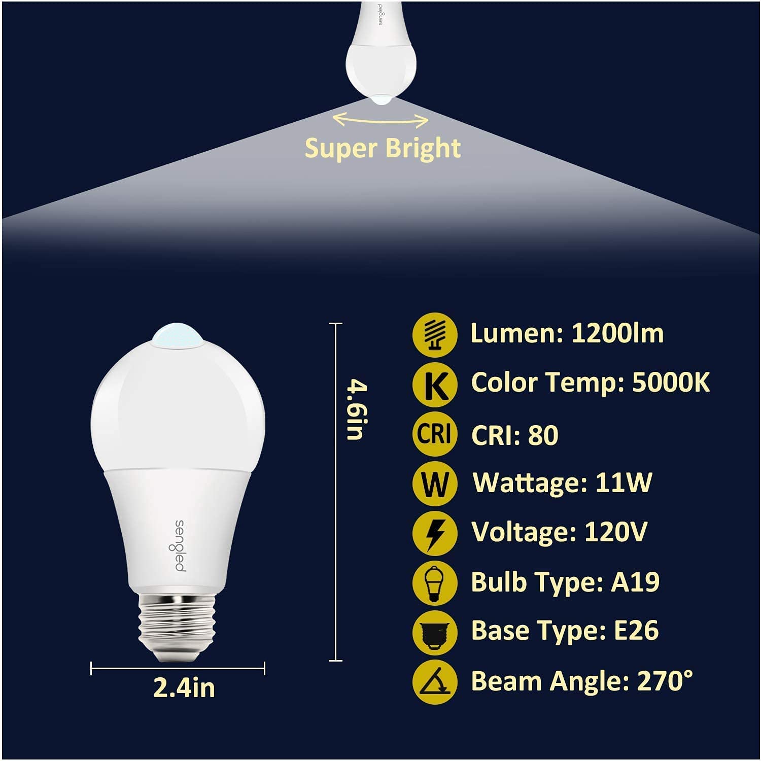 Sengled Motion Sensor Light Bulbs  A19  5000K Daylight Motion Activated Dusk To Dawn Security Light Bulb  11W (75-Watt Equivalent) Indoor Outdoor Lighting For Front Door Porch Stairs Hallway  4 Pack