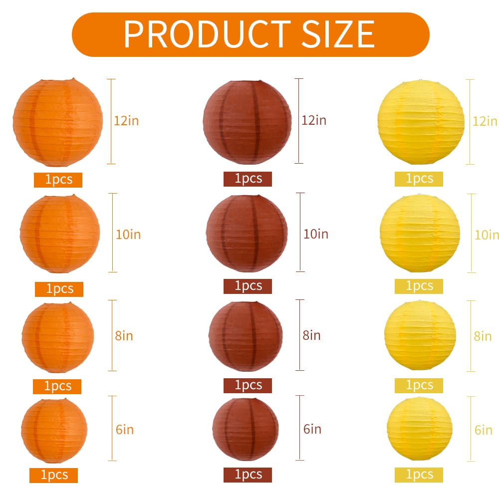 Beishida 12Pcs Fall Orange Paper Lanterns Decorative Yellow Orange Brown Hanging Round Paper Lanterns Lamp For Thanksgiving Harvest Fall Wedding Autumn Birthday Decor Outdoor Party Decoration
