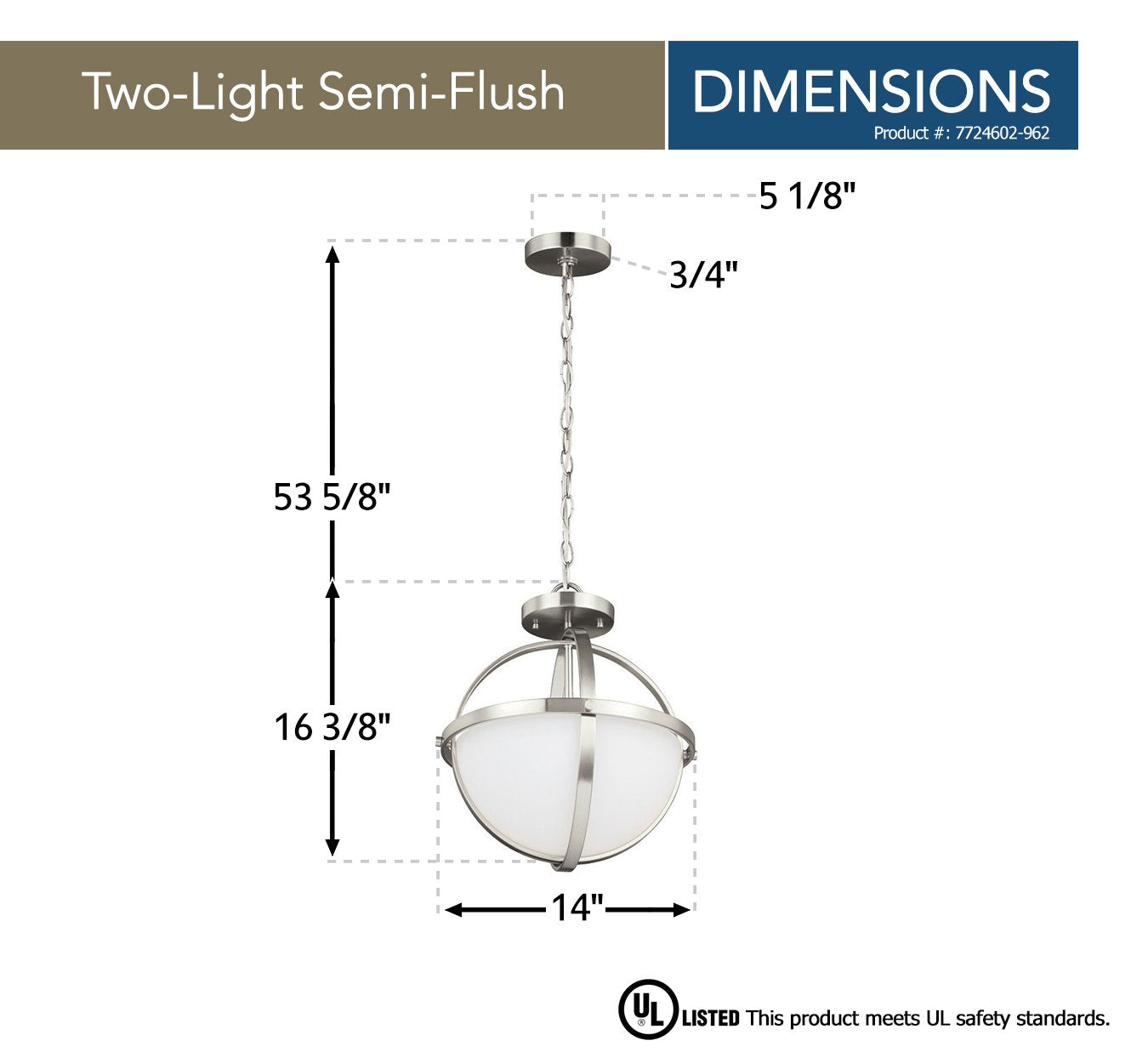 Sea Gull Lighting Alturas Two-Light Semi-Flush Pendant, Etched White Glass, Brushed Nickel Finish, Model 7724602-962