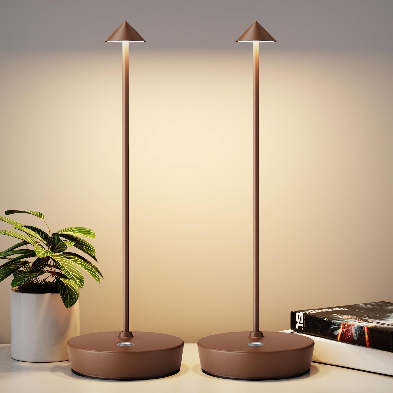 YIBEN Rechargeable Cordless Table Lamp, LED Battery 6000mAh, 3 Levels Brightness, 2Pack Coffee