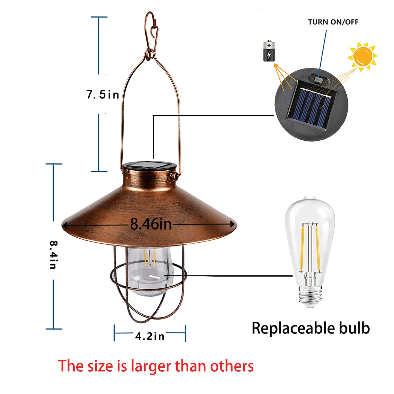 pearlstar Solar Lantern Outdoor Light Metal Farmhouse Design Warm White Bulb Brushed Copper 049
