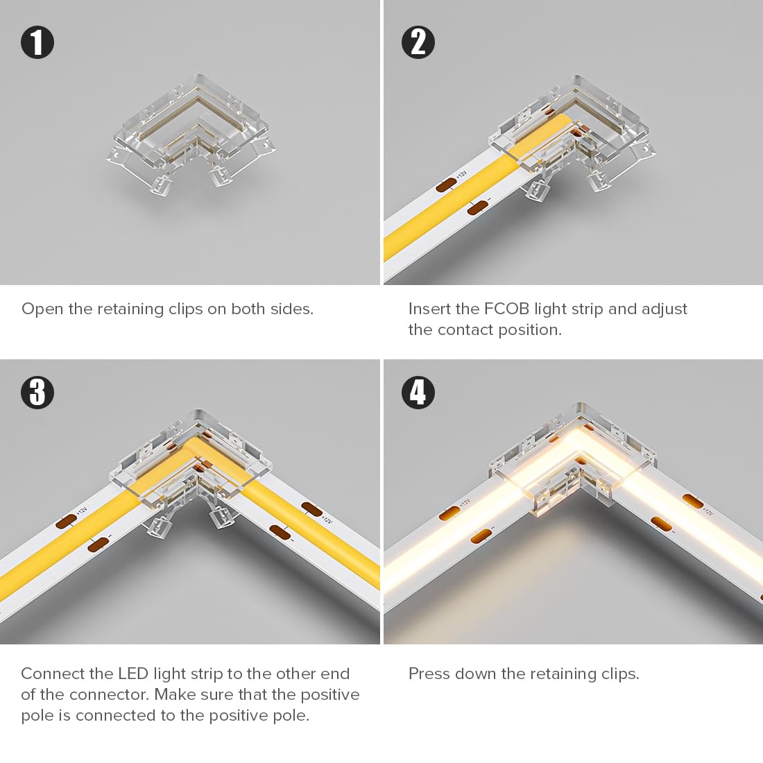 Fcob Cob 8Mm/0.31In Width Led Strip Connector Kit 8Pcs 2 Pin Transparent Gapless L-Shaped Connectors 8Mm Pwm Single Color +V -V