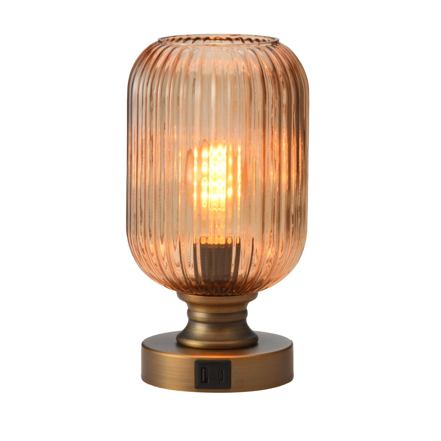 MAINDECO Mid Century Glass Table Lamp,Dimmable Desk Lamp,LED Bulb Included,Touch Control & USB A+C Port,Cognac Amber Ribbed Glas