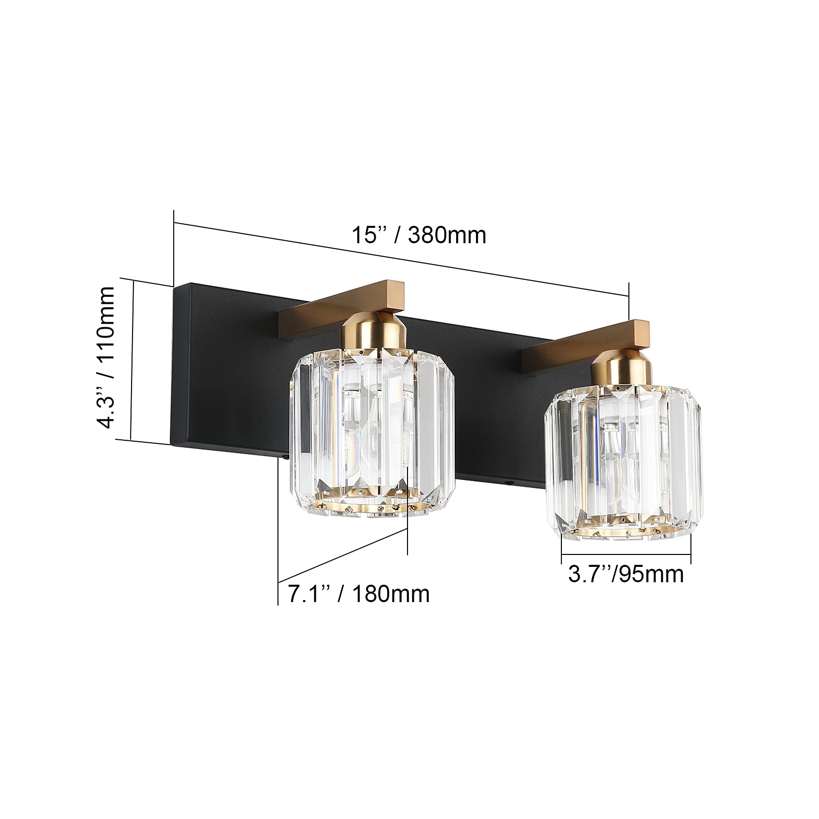 Aipsun Vanity Lighting Fixtures - Matte Black 2-Light Wall Light, 15" Aluminum Crystal Over Mirror, Model 8460