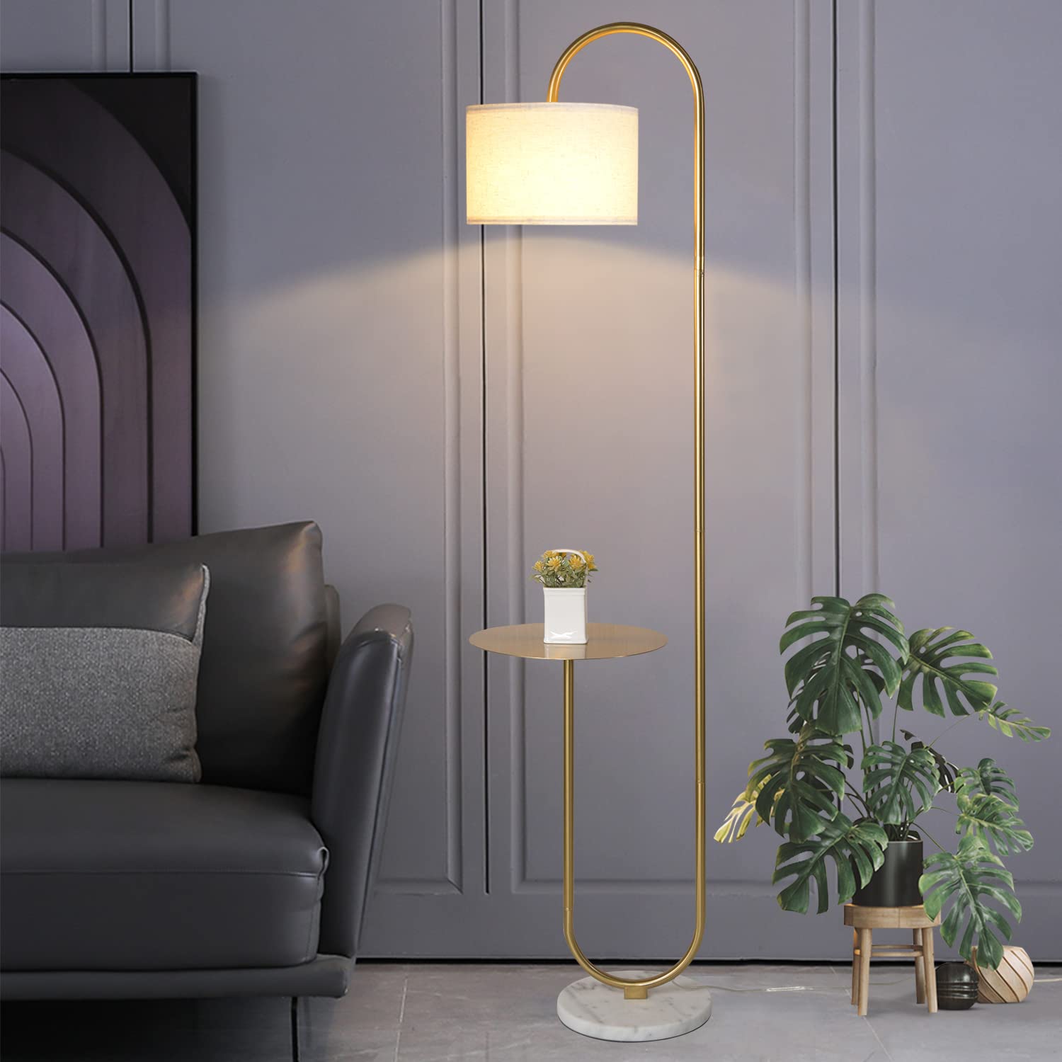 Hsyile Ku300271 Arc Floor Lamp With Hanging Drum Shade For Living Room-Marble Base Modern Tall Stand Up Light With Table, Contem