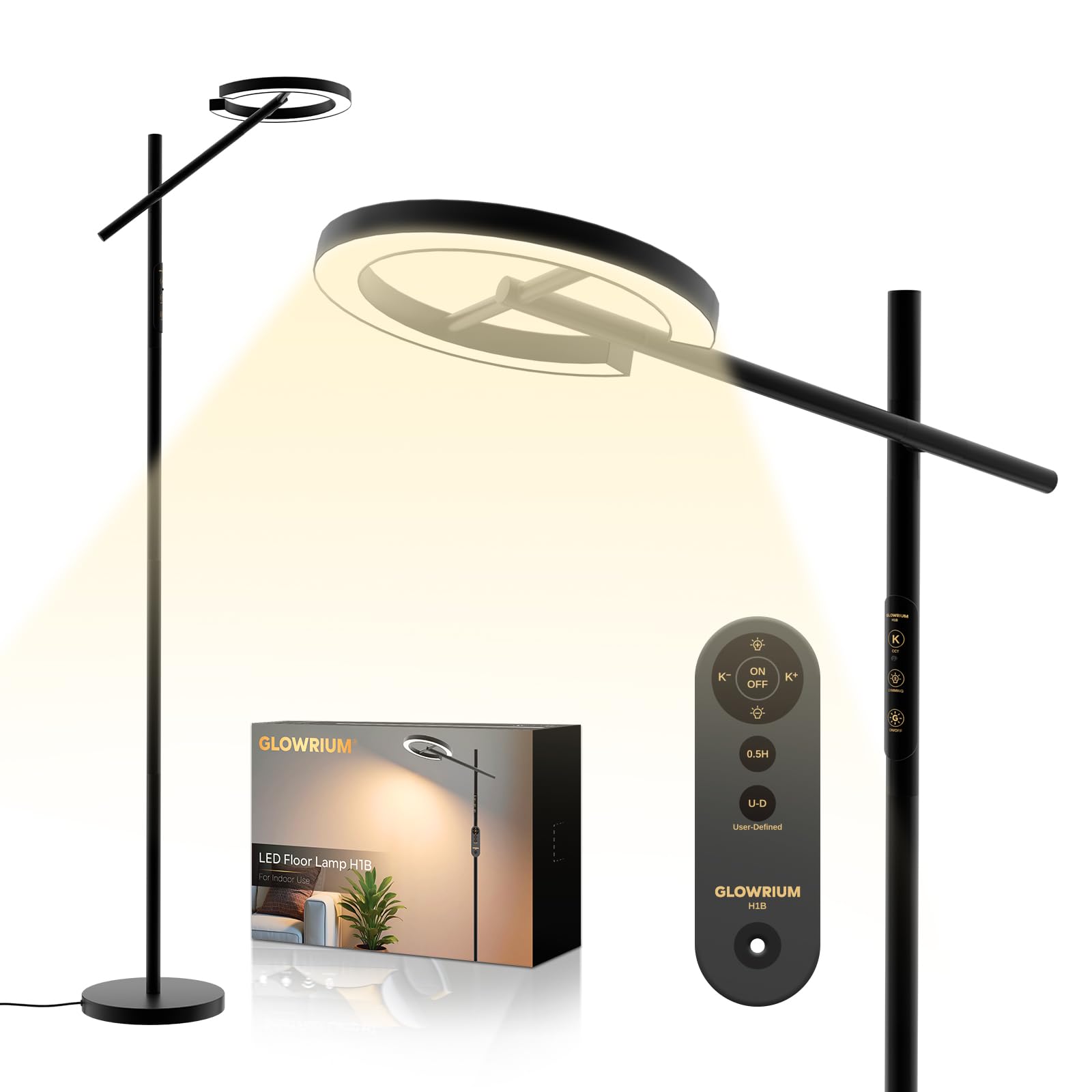 GLOWRIUM-H1B Floor Lamp with Remote,Floor Lamps for Living Room,Stepless Dimmable Rotatable Reading Floor Lamp, 2700-6500K,Moder
