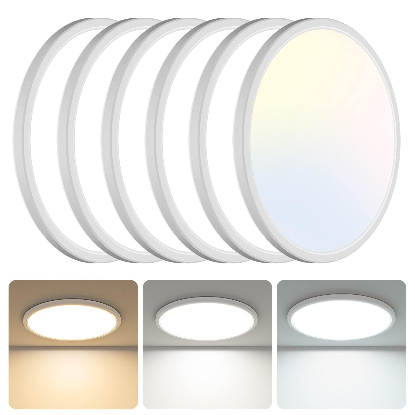 LibTit 6-Pack 13-Inch LED Flush Mount Ceiling Light, 3200LM 28W, Ultra-Slim, 3000K/4500K/6000K Selectable, White for Bedroom, Ki